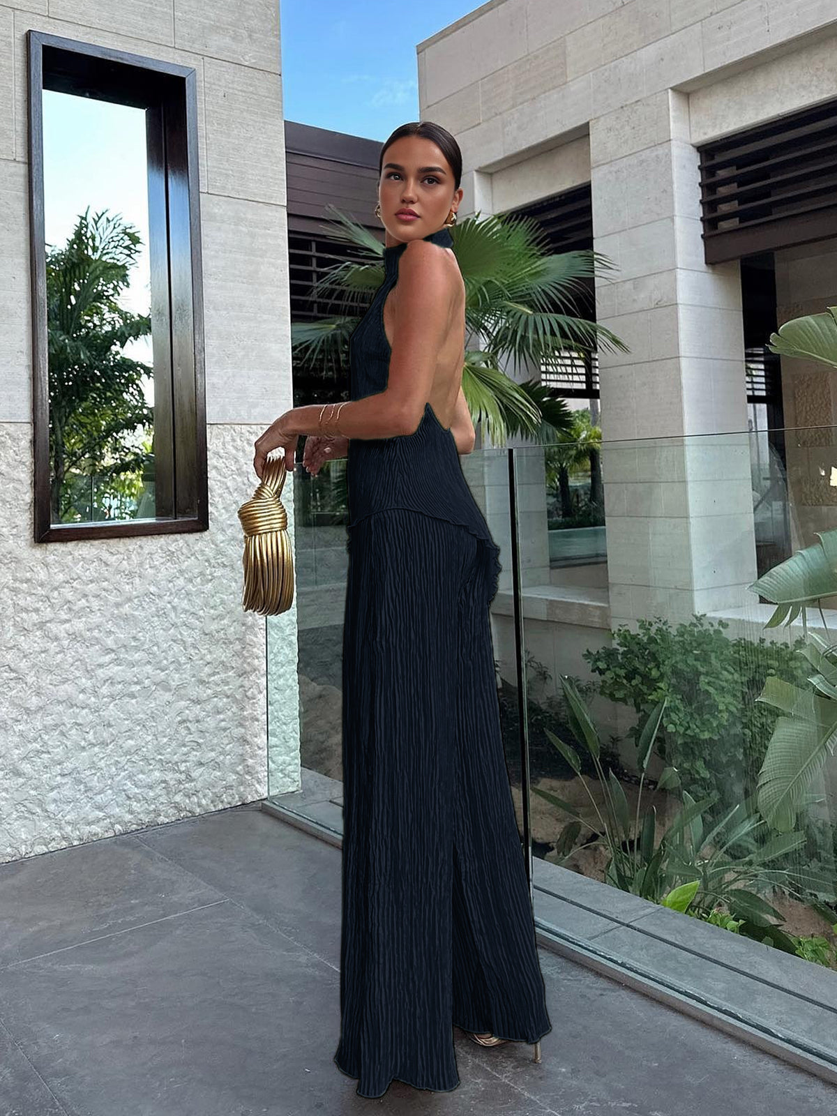 Asymmetric Halter Crop Top With Wide Leg Pants Set-Mesadic