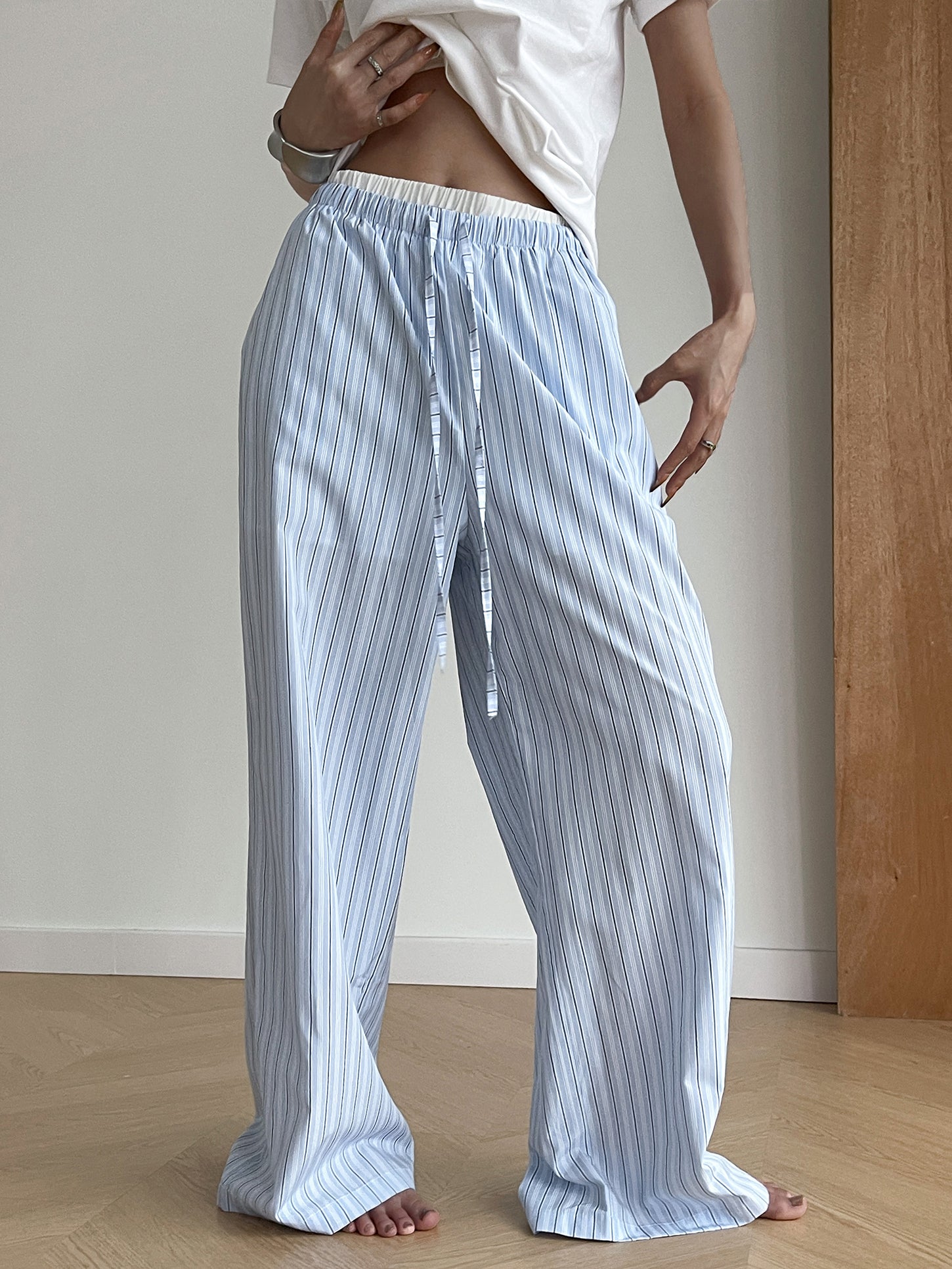 Callistari Stripe Loose Double-Waisted Tie Front Pants-CALLISTARI