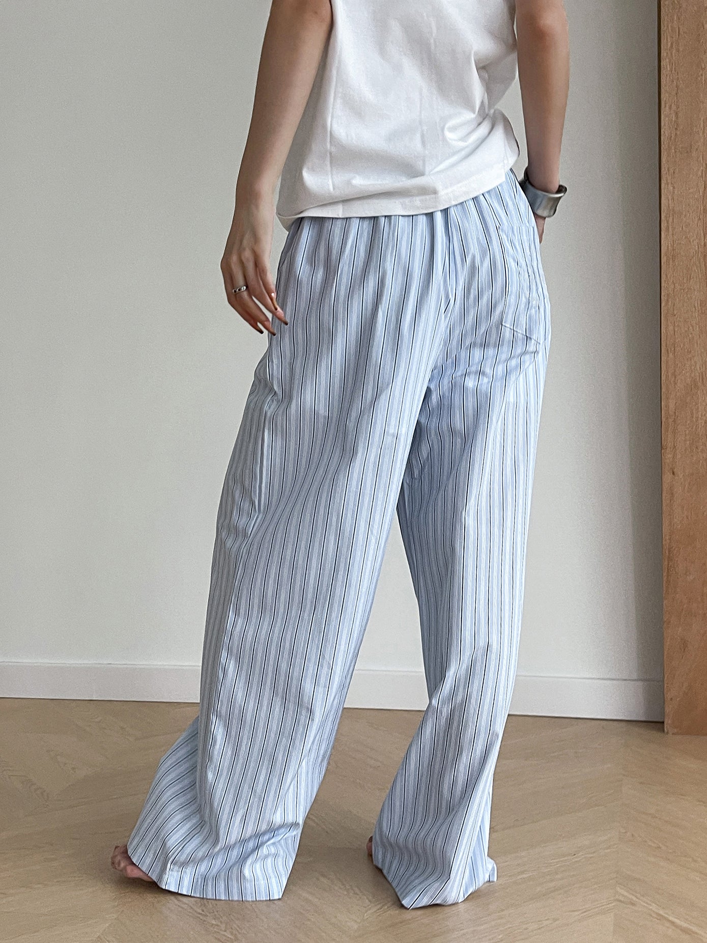 Callistari Stripe Loose Double-Waisted Tie Front Pants-CALLISTARI