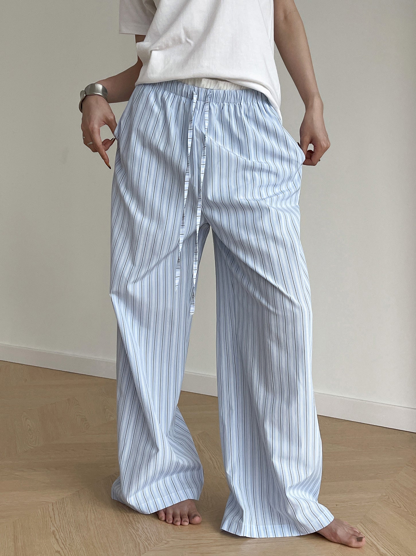 Callistari Stripe Loose Double-Waisted Tie Front Pants-CALLISTARI