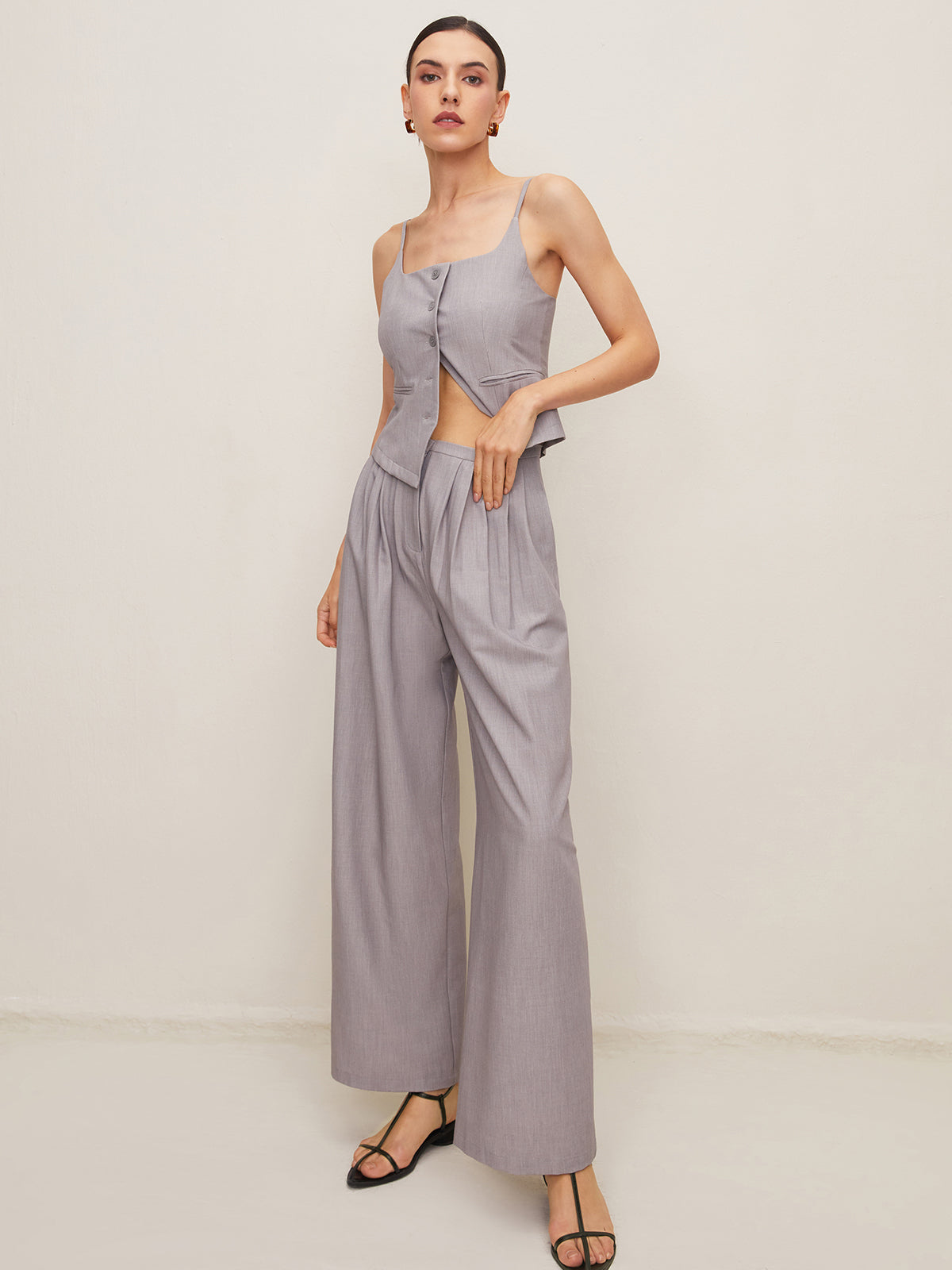 Pleated Sleeveless Plain Pants Set-CALLISTARI