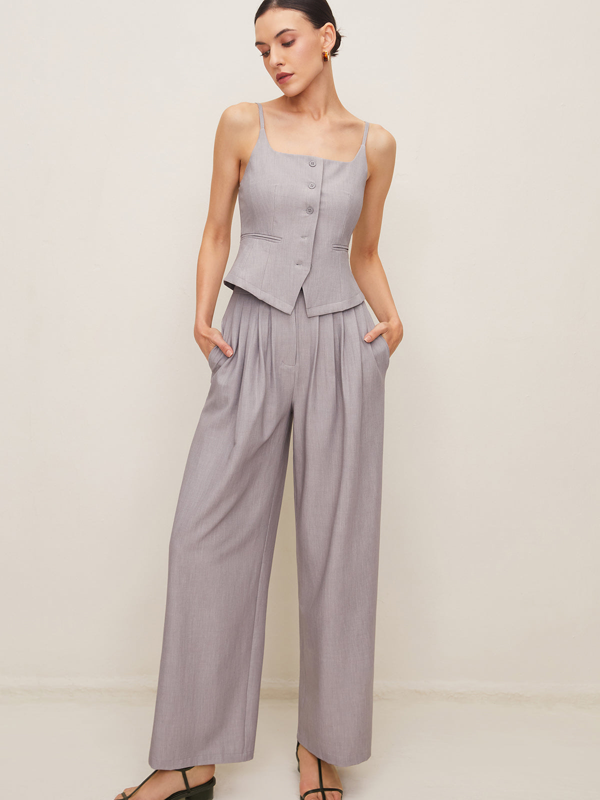 Pleated Sleeveless Plain Pants Set-CALLISTARI