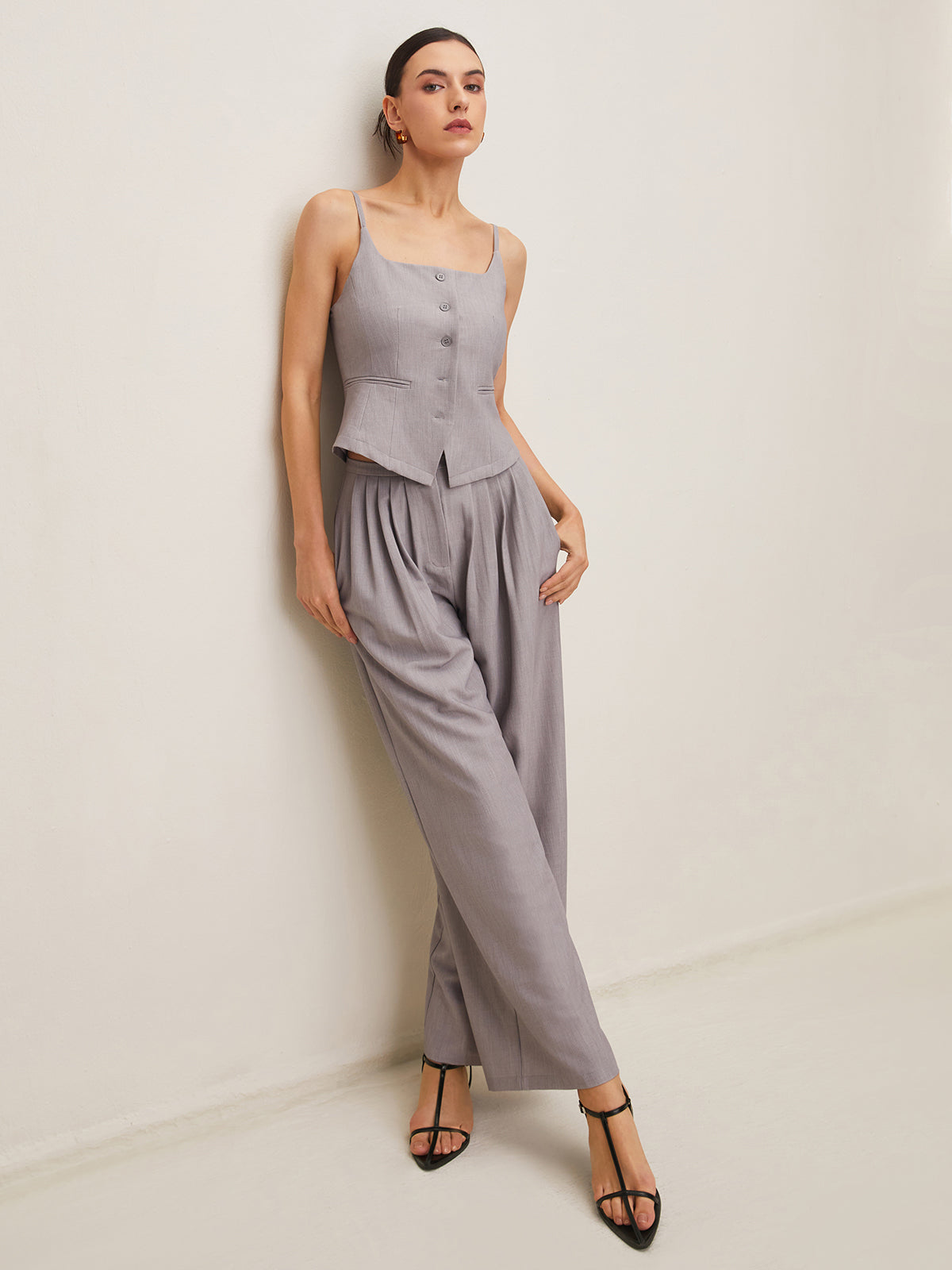 Pleated Sleeveless Plain Pants Set-CALLISTARI