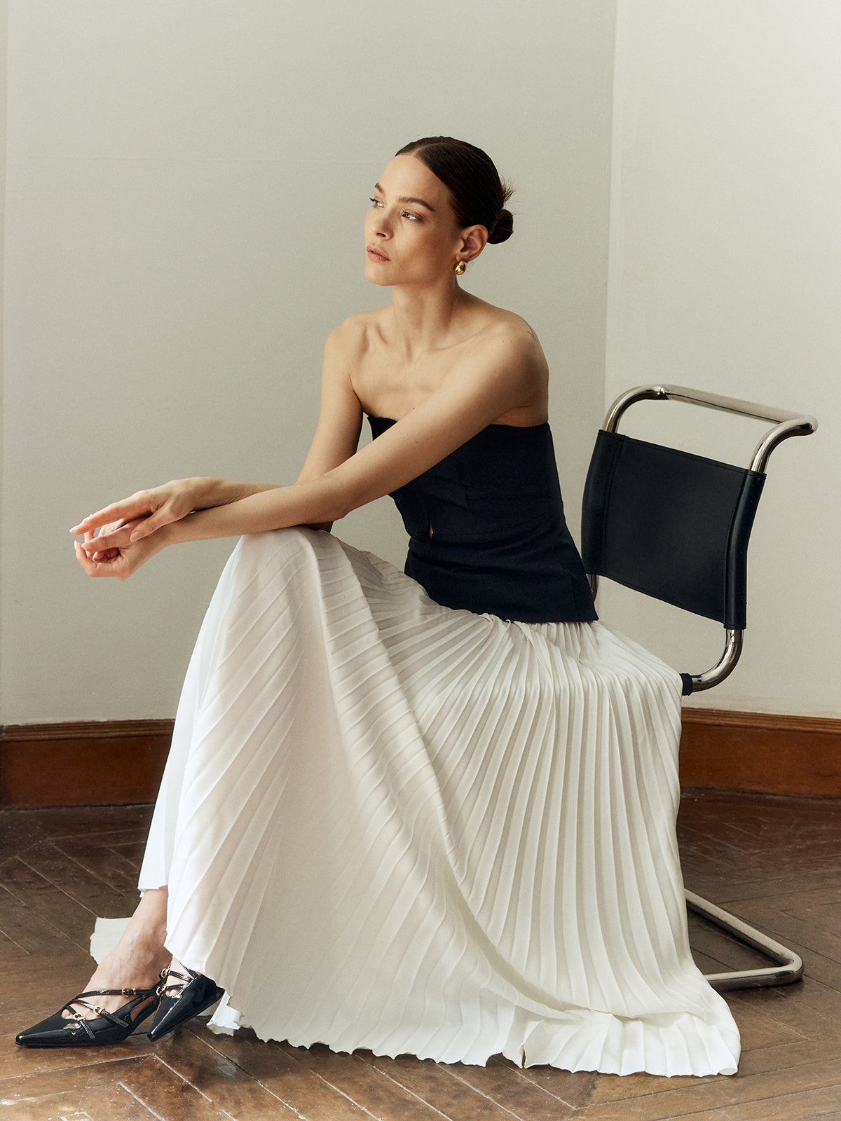 Off Shoulder Pleated Long Dress-Mesadic