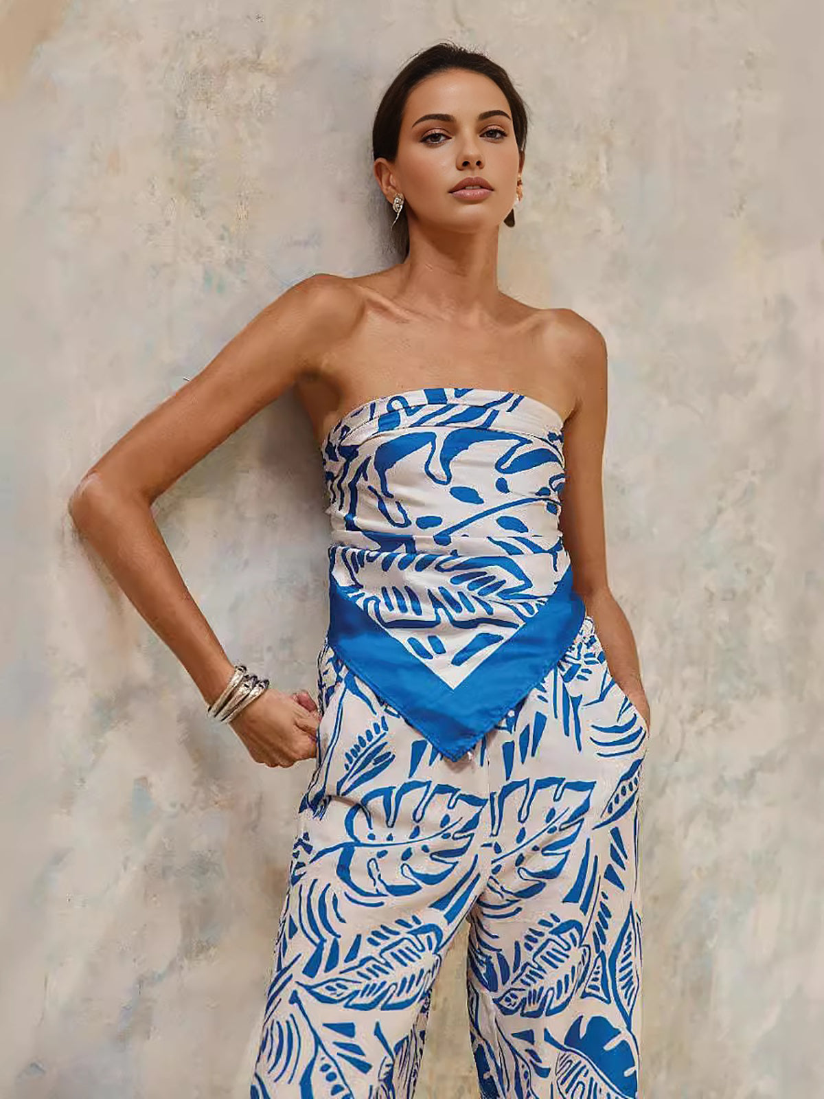 Plant Printed Scarf With Pants Set-CALLISTARI