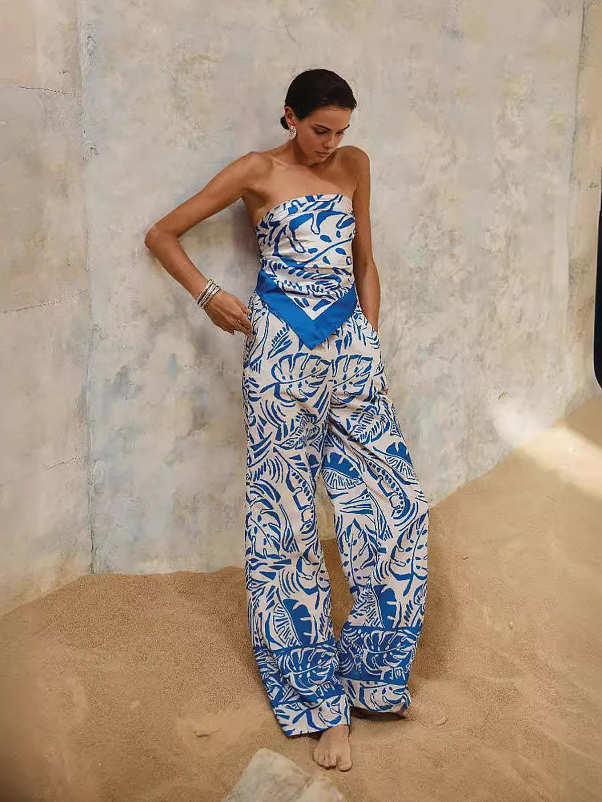 Plant Printed Scarf With Pants Set-CALLISTARI