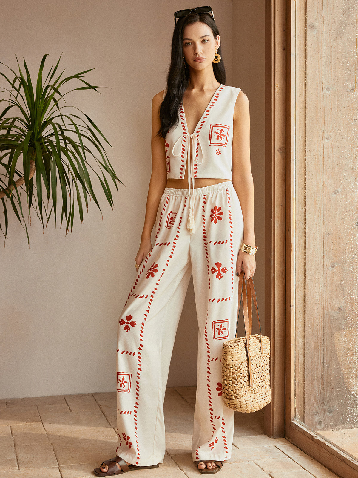 Print Knotted Tassel Pants Set-CALLISTARI