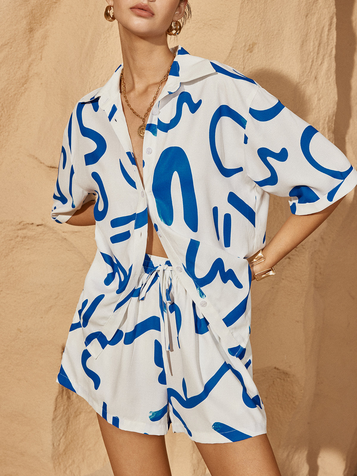 Print Drawstring Shift Shorts Set-Mesadic