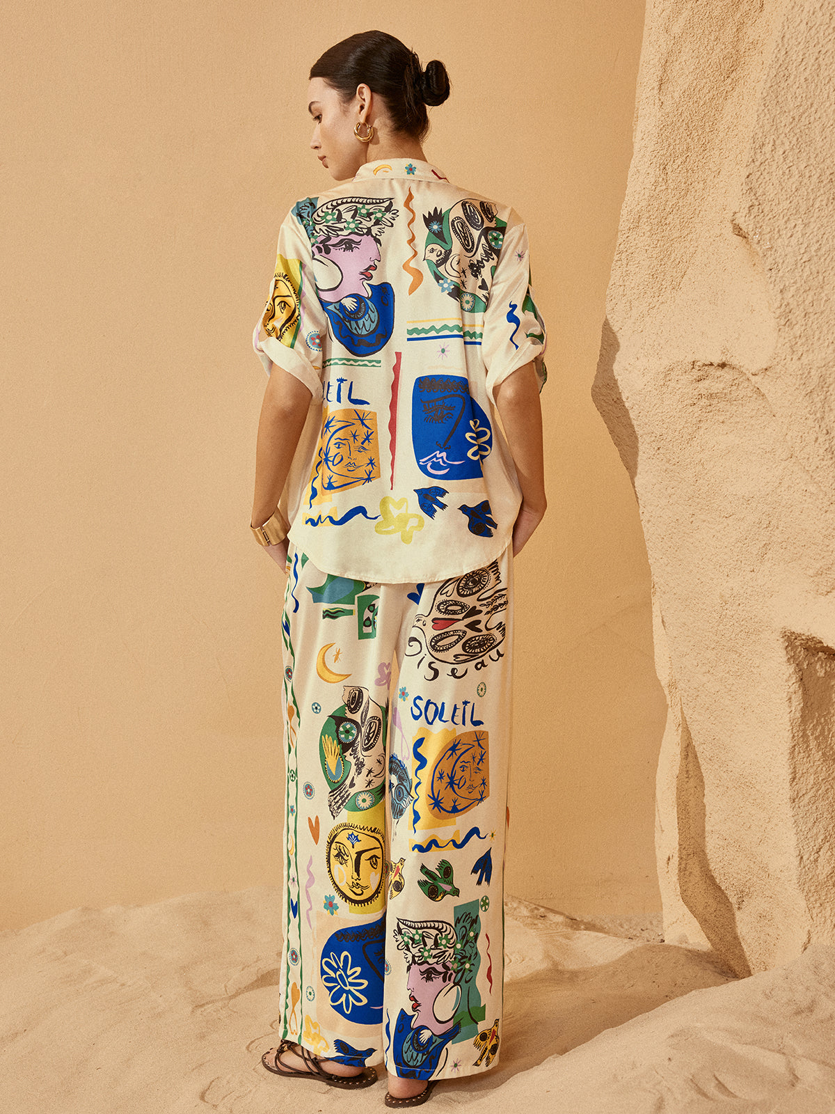 Satin Graffiti Lapel Pants Set-CALLISTARI