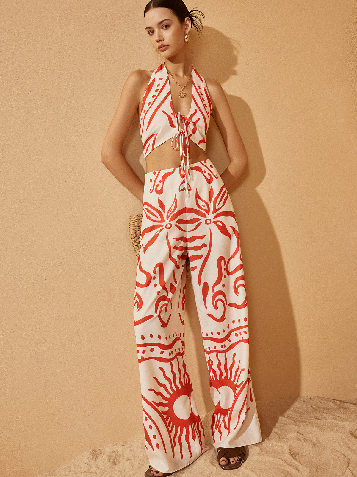 Backless Drawstring Print Pants Set-CALLISTARI