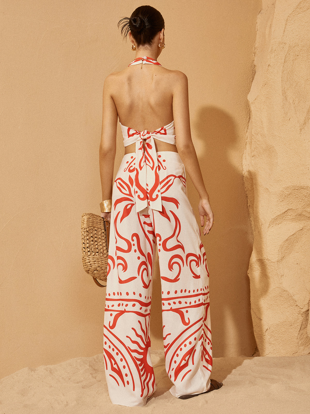 Backless Drawstring Print Pants Set-CALLISTARI