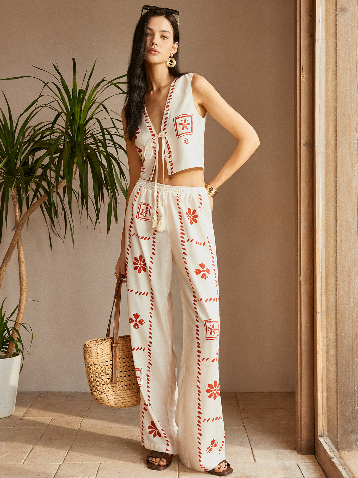 Print Knotted Tassel Pants Set-CALLISTARI