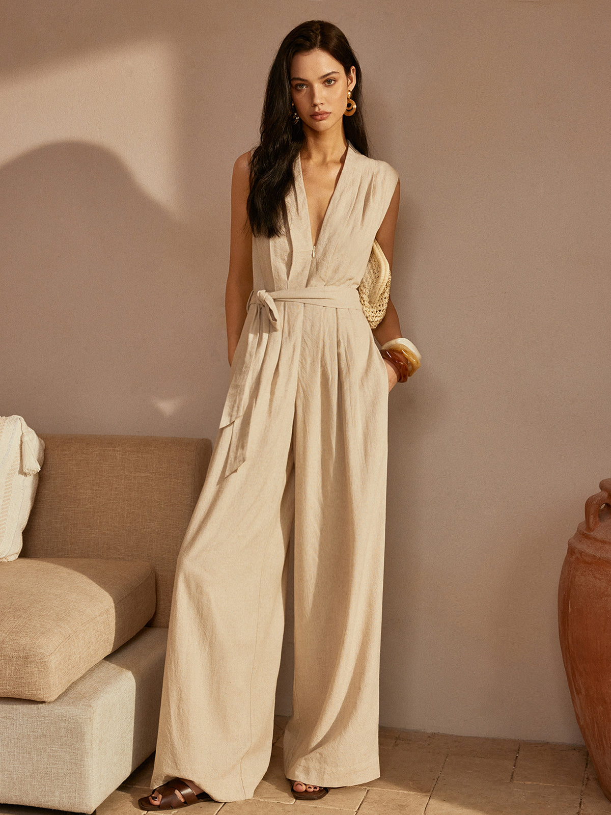 Belted Ruched V-Neck Jumpsuit-CALLISTARI