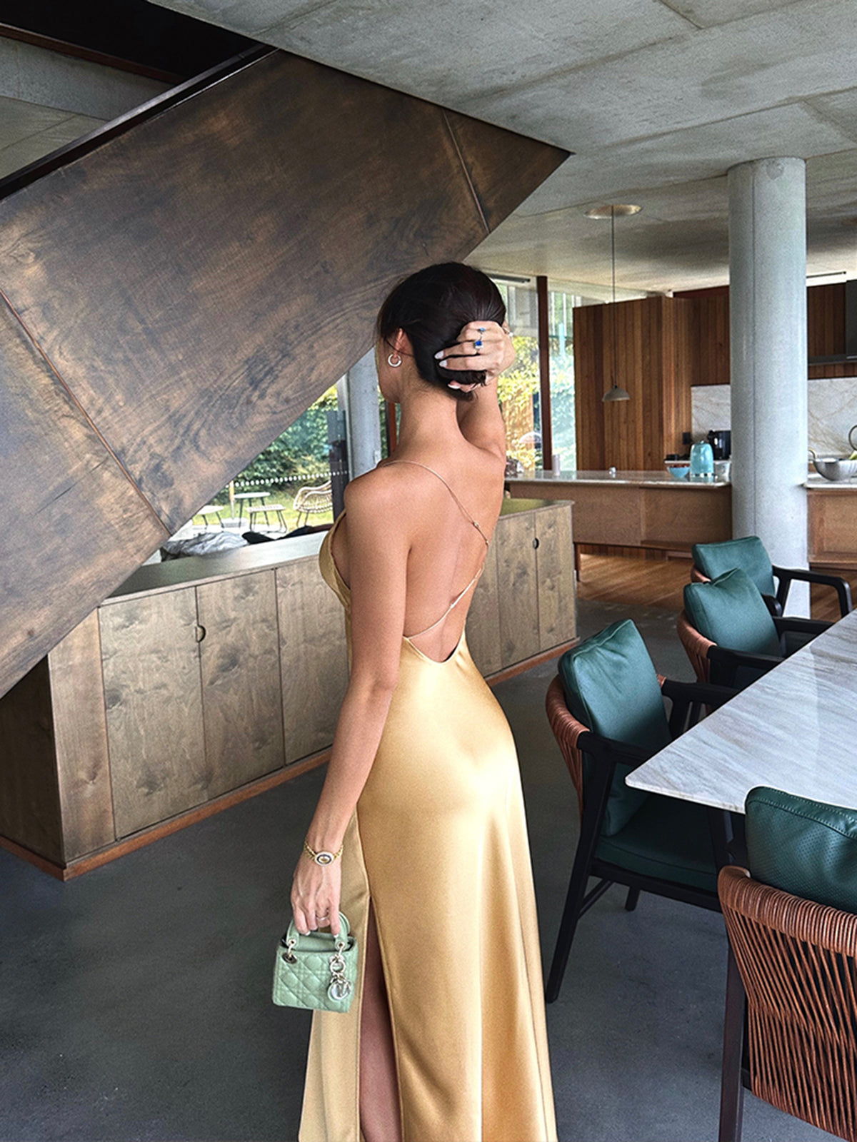 Satin Backless Split Thigh Long Dress-Mesadic