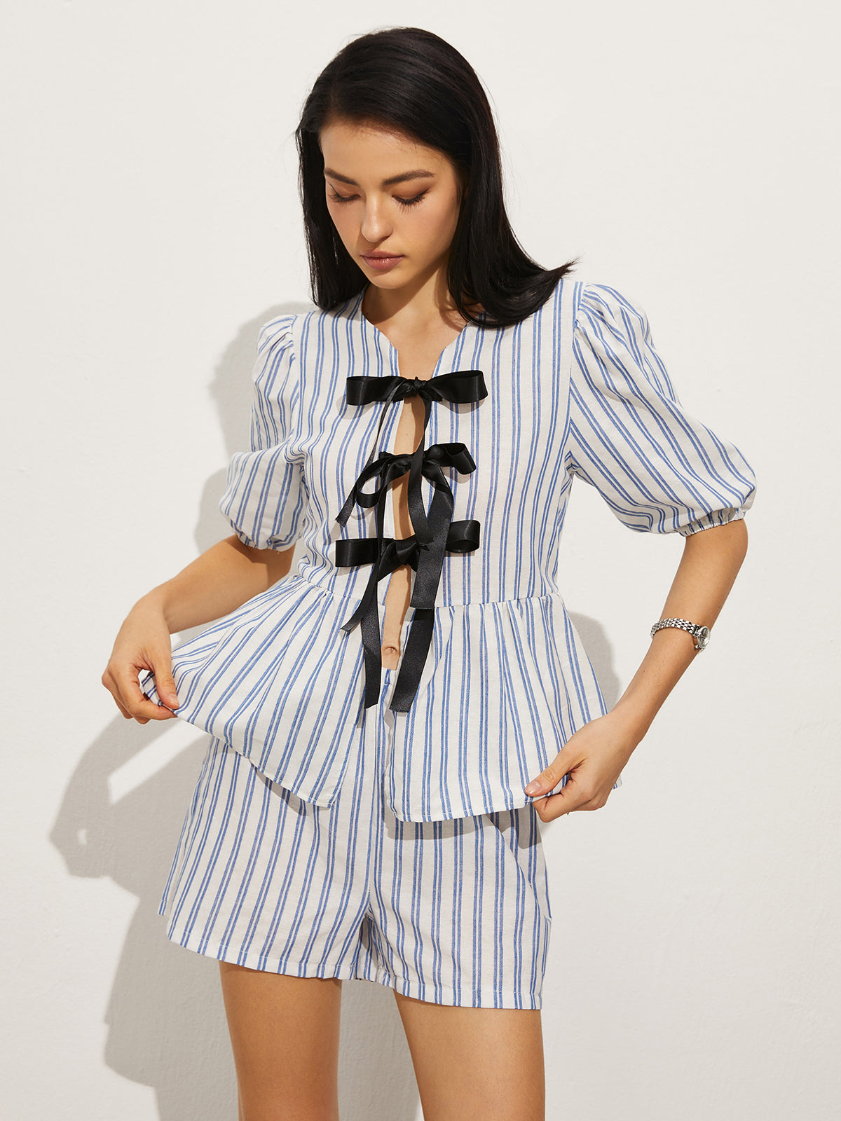 Tie-Front Stripe Shorts Set-Trafni