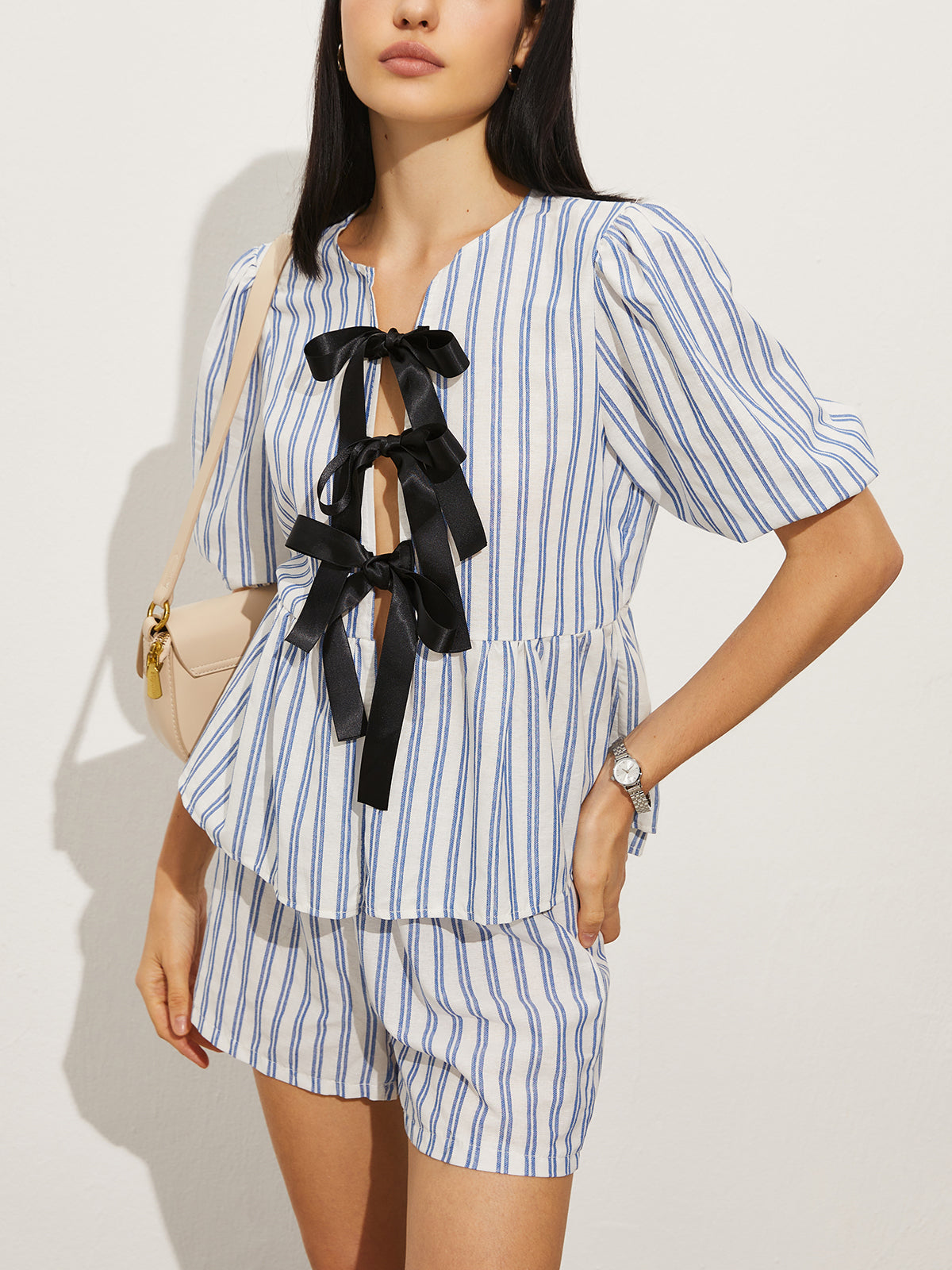 Tie-Front Stripe Shorts Set-Trafni