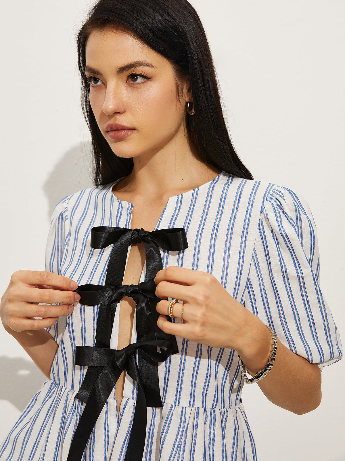 Tie-Front Stripe Shorts Set-Trafni