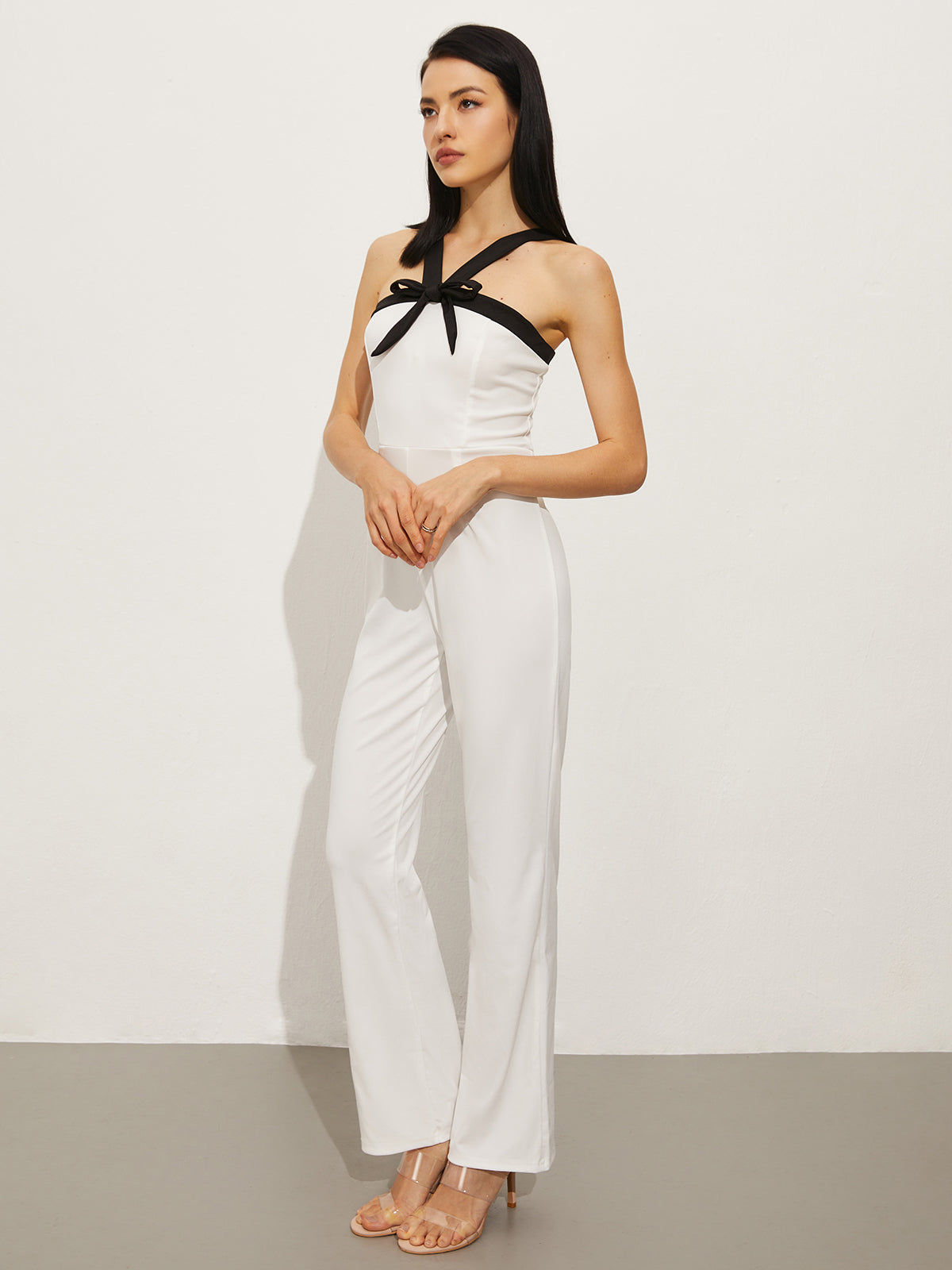 Callistari Contrast Trim Halter Bow Jumpsuit-CALLISTARI