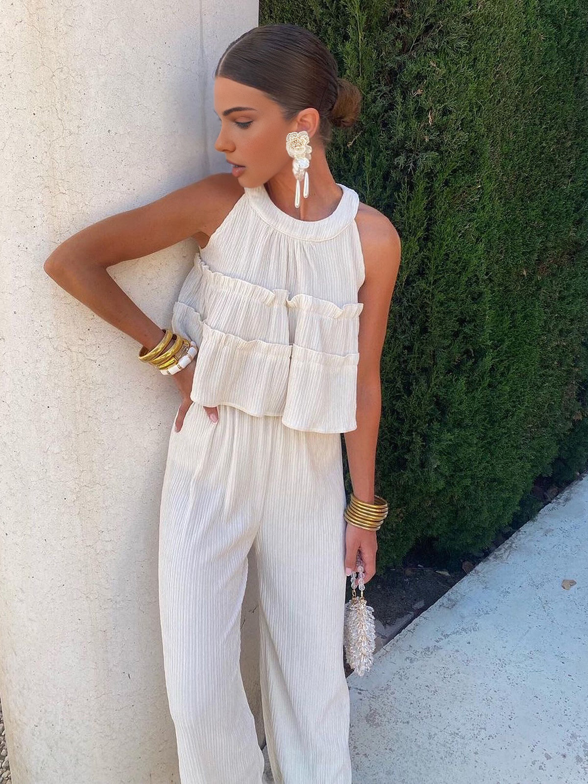 Ruffle Crew Neck Pants Set-CALLISTARI