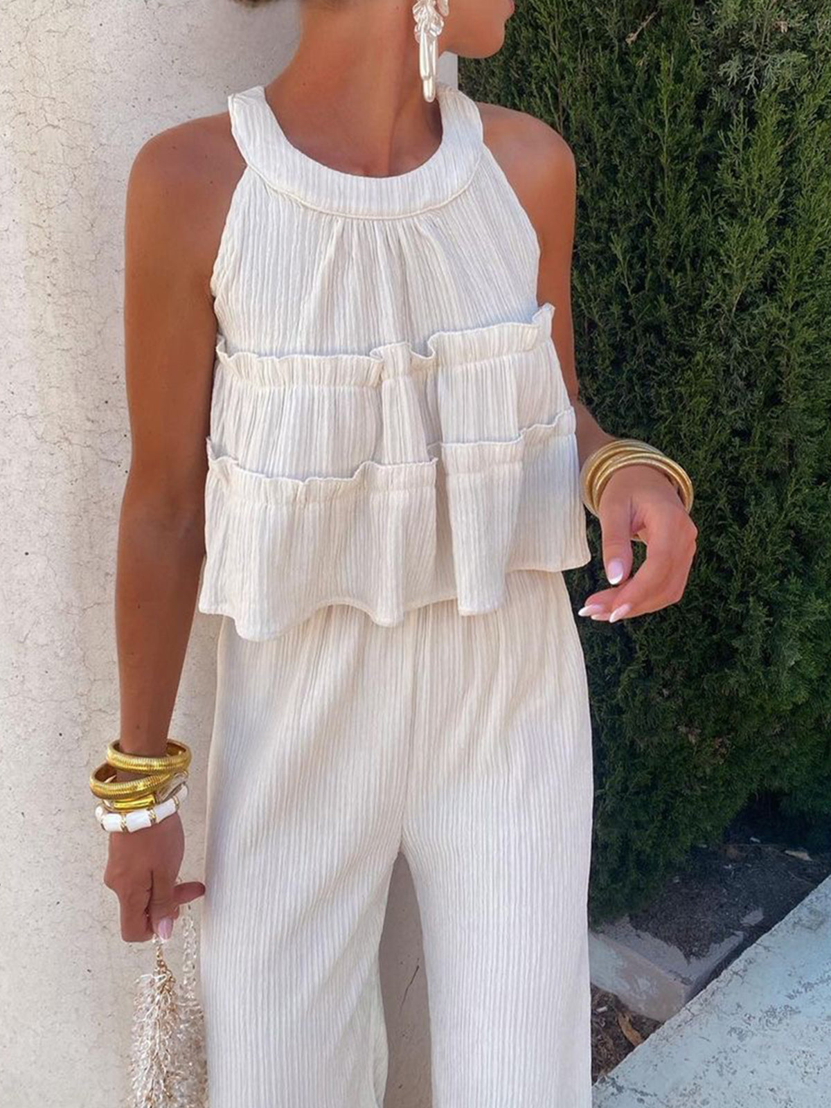 Ruffle Crew Neck Pants Set-CALLISTARI