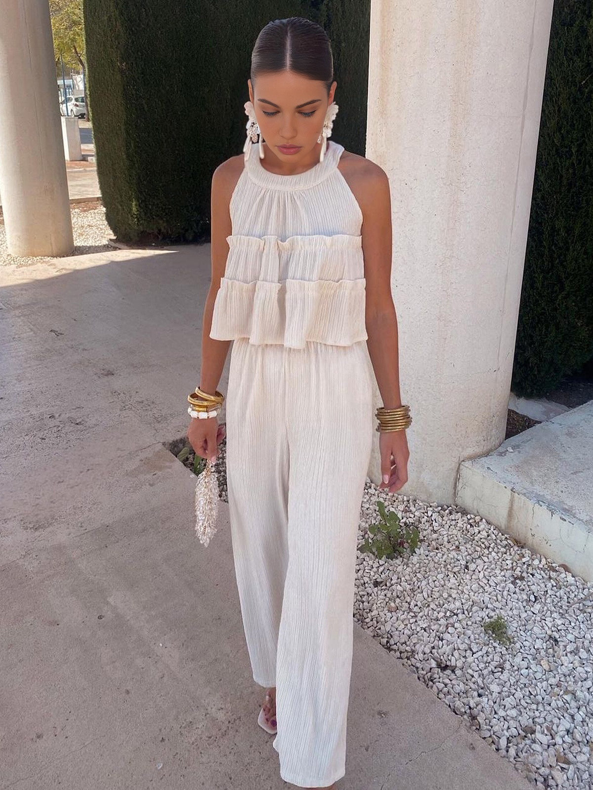 Ruffle Crew Neck Pants Set-CALLISTARI