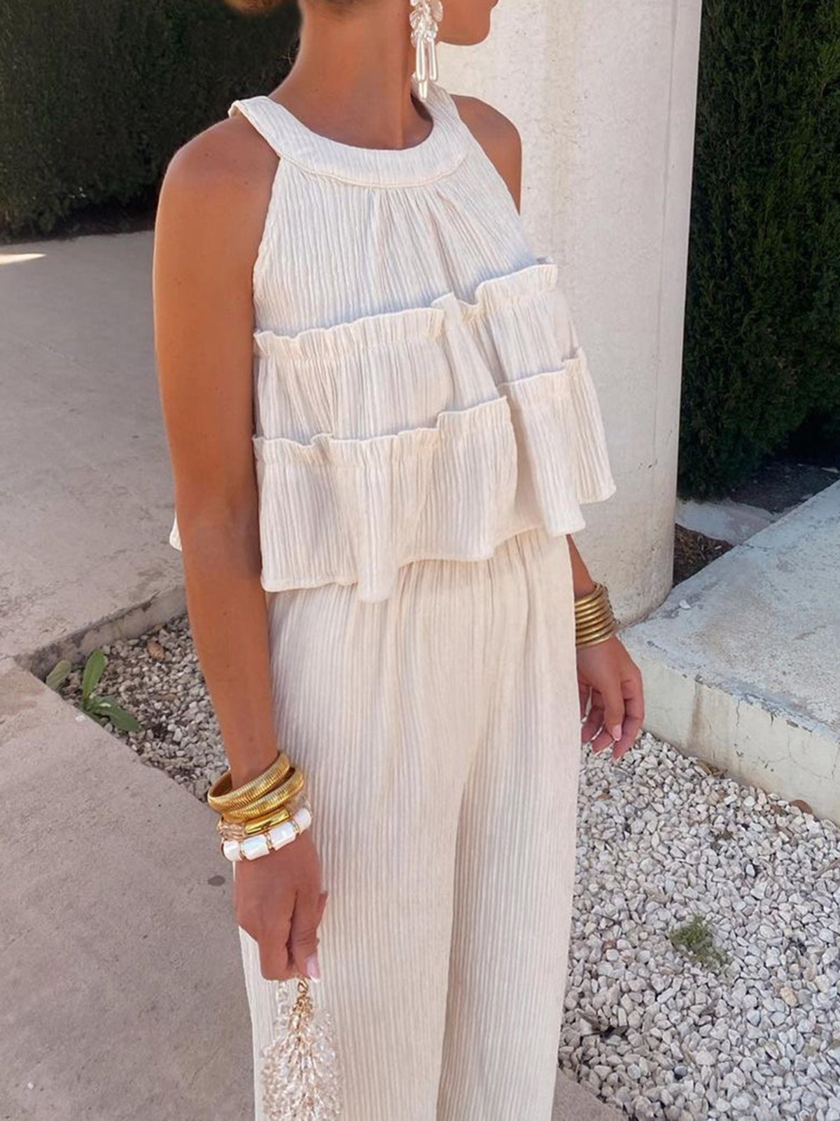 Ruffle Crew Neck Pants Set-CALLISTARI