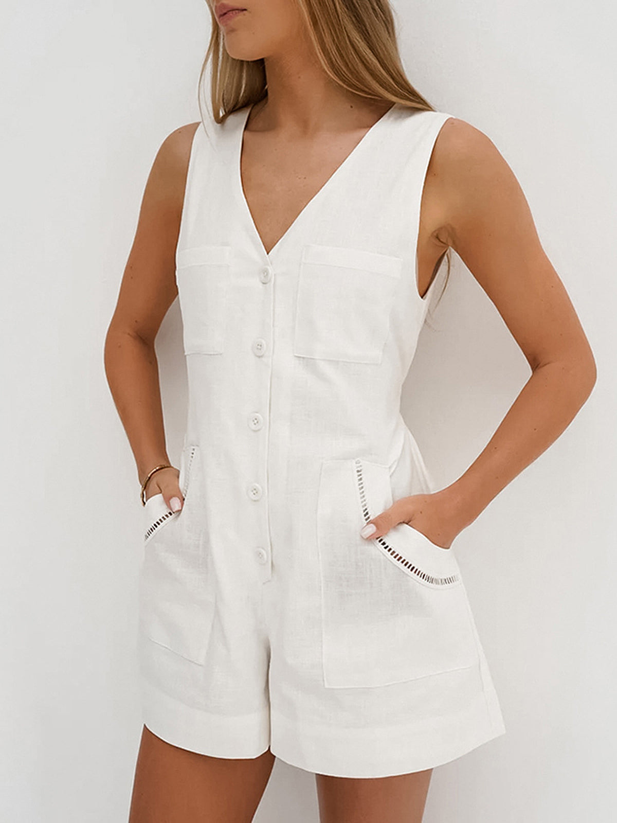 Cotton V-Neck Drawstring Jumpsuit-CALLISTARI