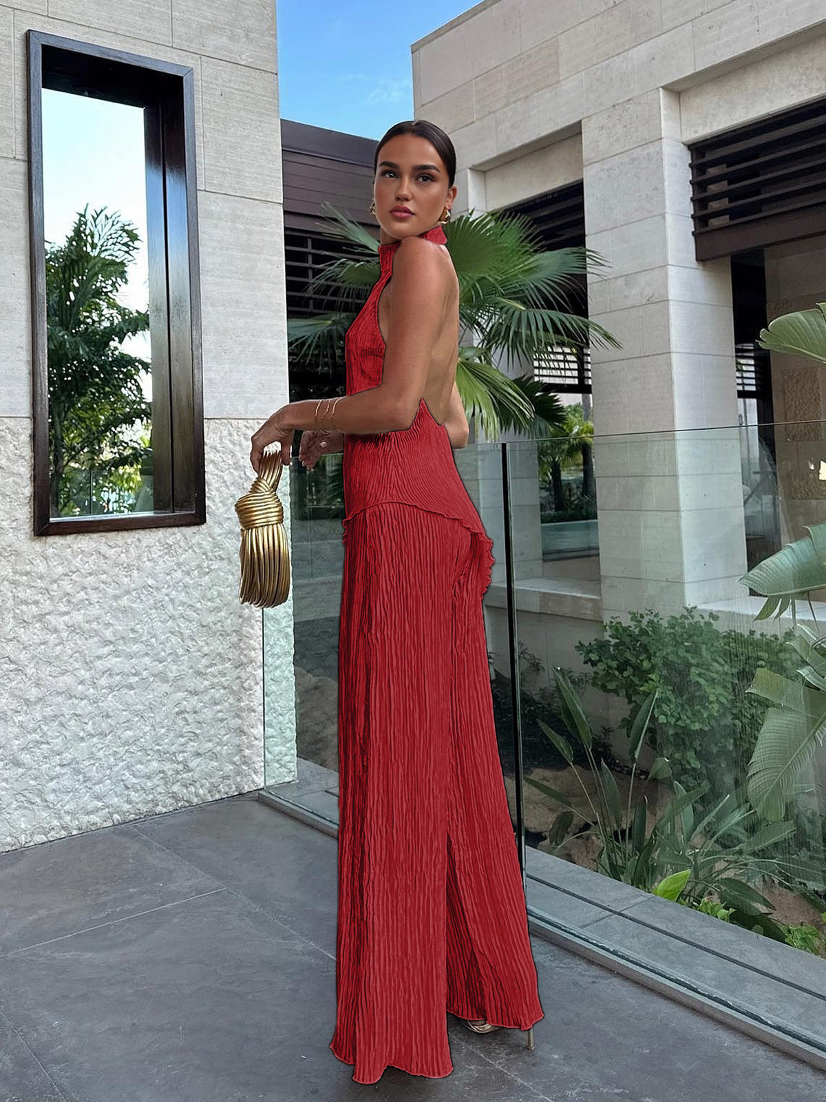 Asymmetric Halter Crop Top With Wide Leg Pants Set-Mesadic