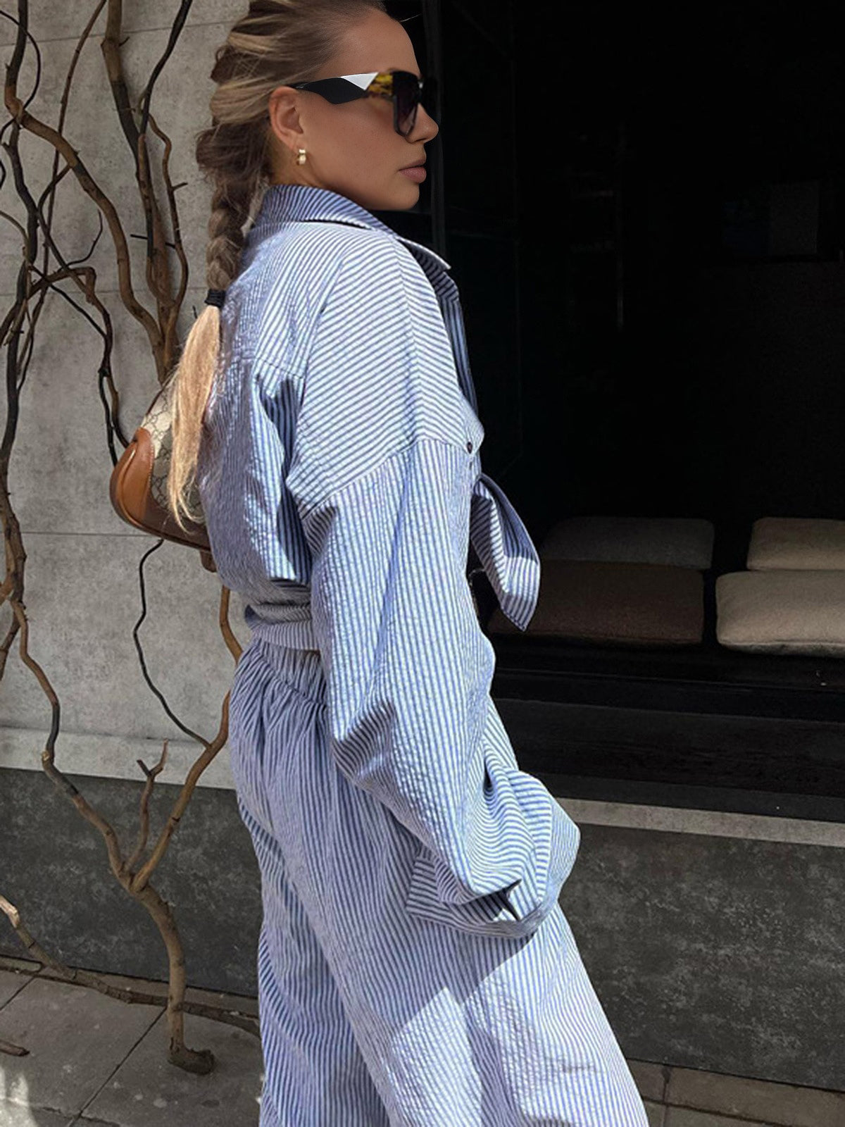 Pinstripe Long Sleeve Pants Set-CALLISTARI