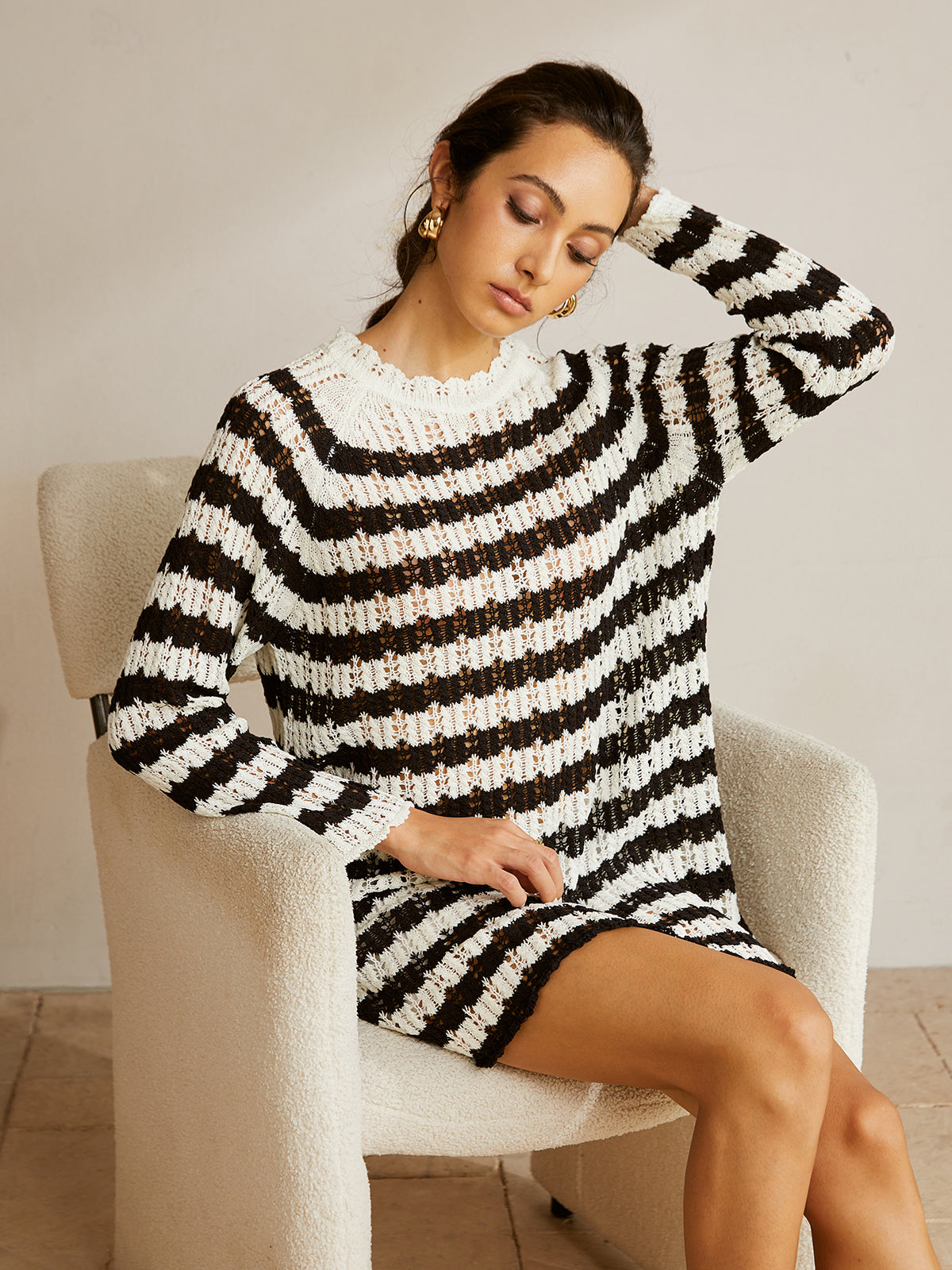 Callistari Striped Lettuce Trim Hollow Sweater-CALLISTARI