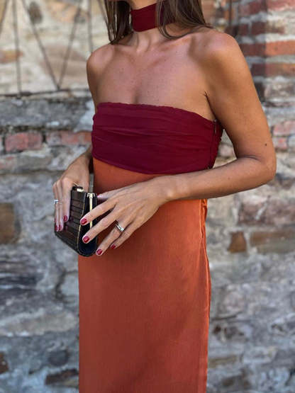 Callistari Elegant Pleated Panel Slit Long Dress-CALLISTARI