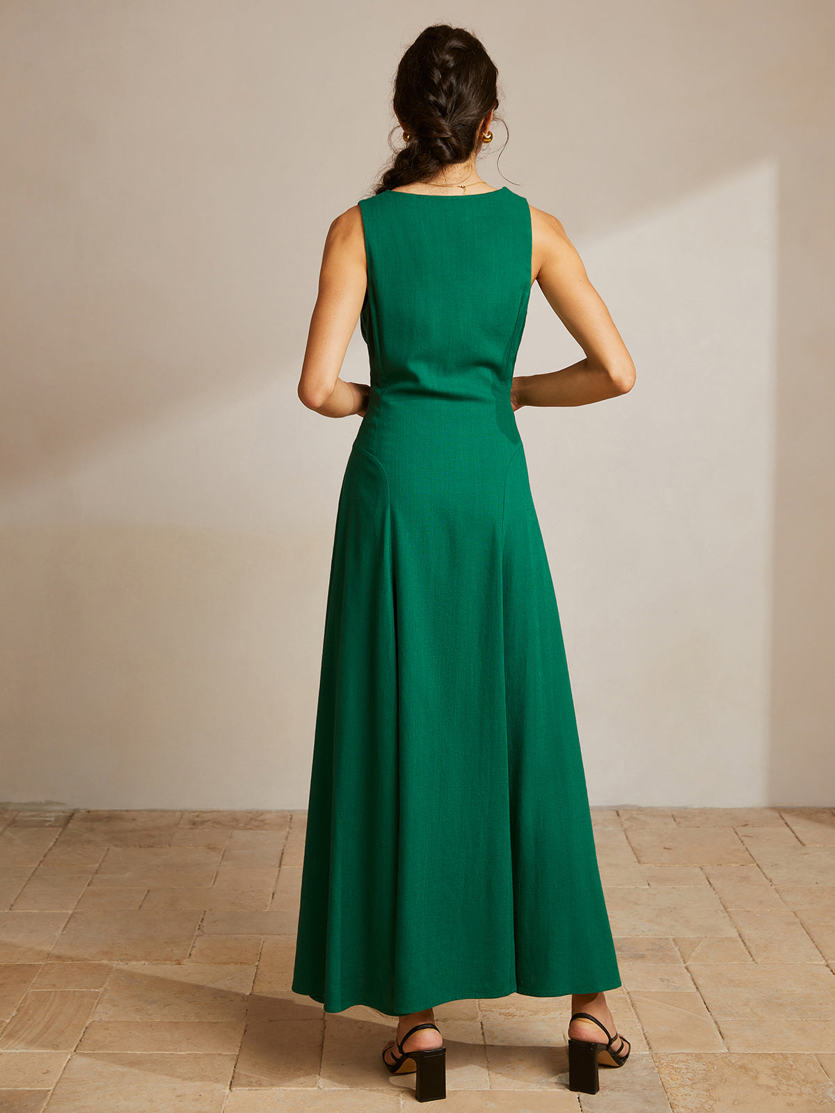 Callistari Sleeveless Button Front V-Neck Dress-CALLISTARI