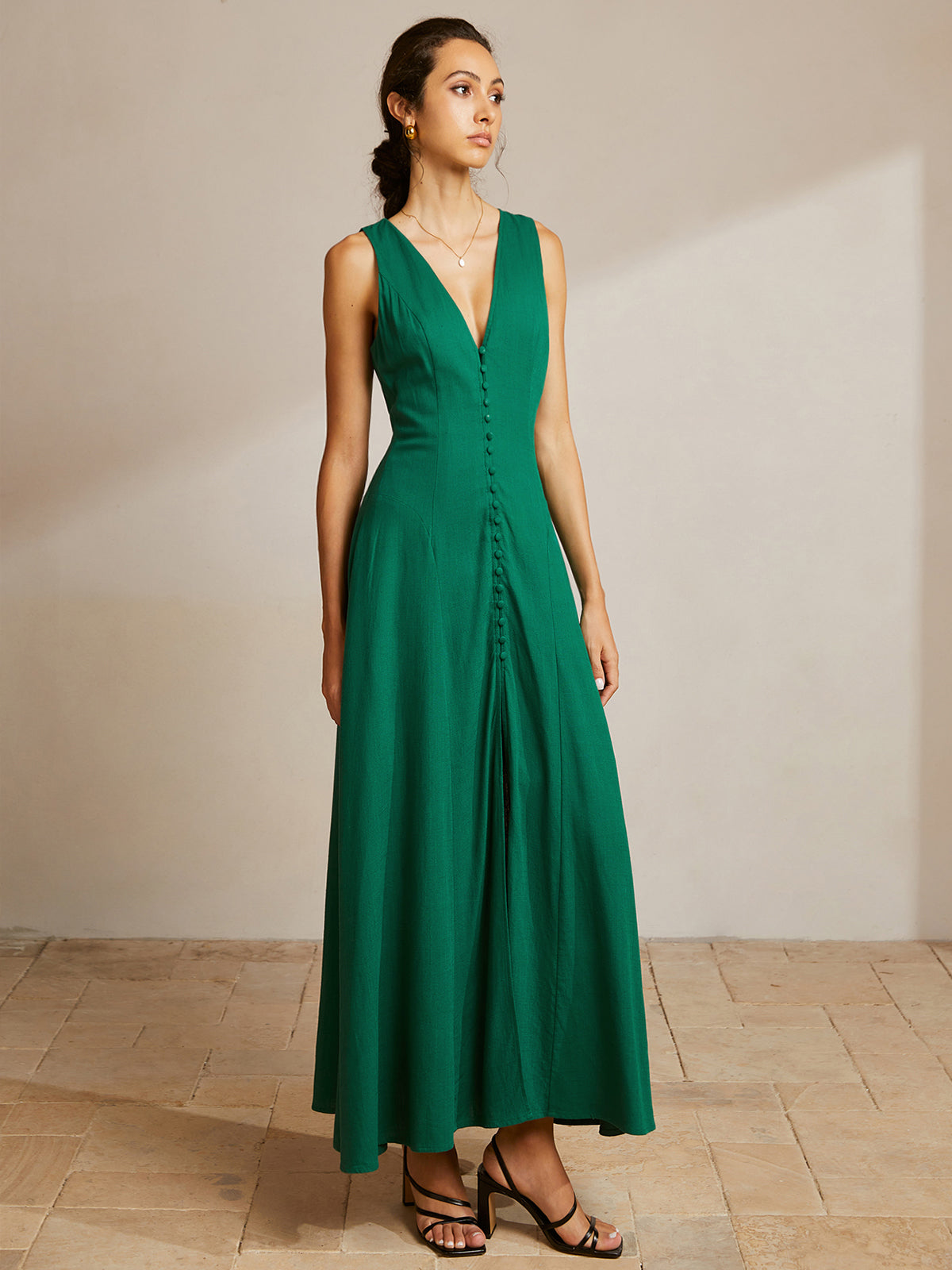 Callistari Sleeveless Button Front V-Neck Dress-CALLISTARI