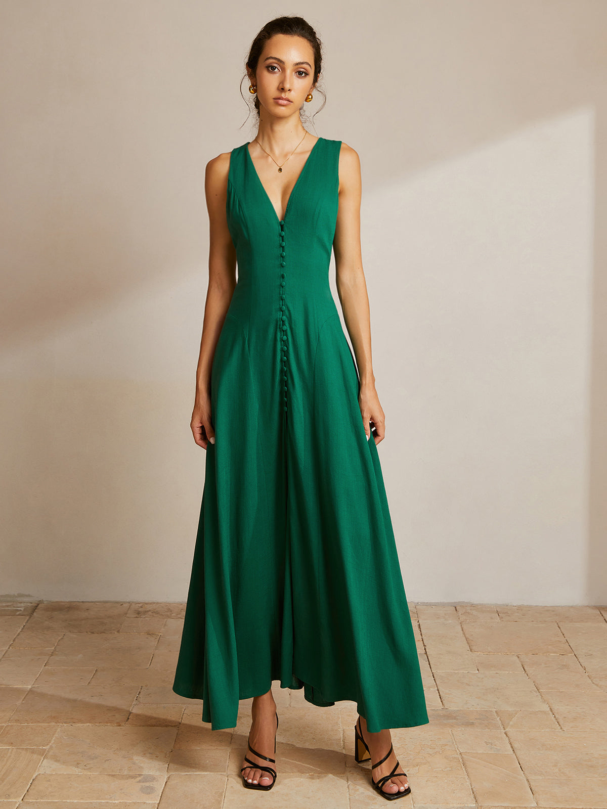 Callistari Sleeveless Button Front V-Neck Dress-CALLISTARI