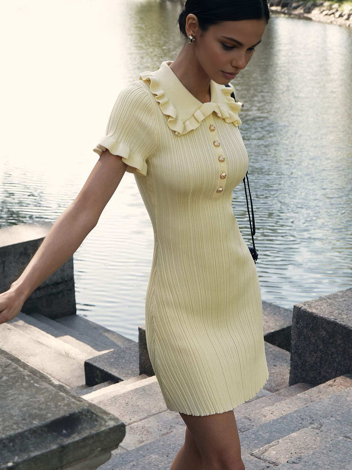 Callistari Slim Fit Collar Knit Short Dress with Metal Button-CALLISTARI