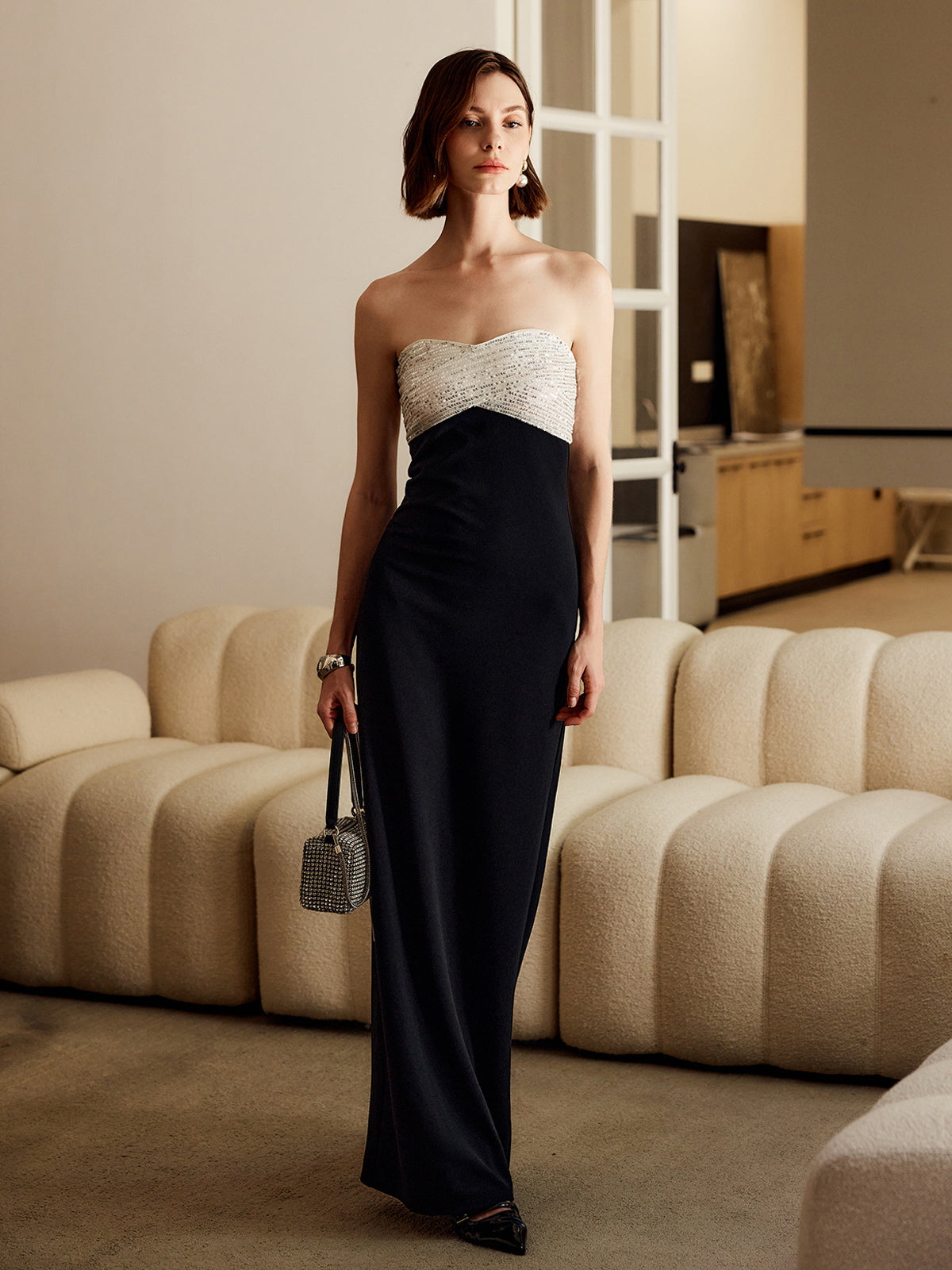 Callistari Sequins Color Block Tube Long Dress-CALLISTARI