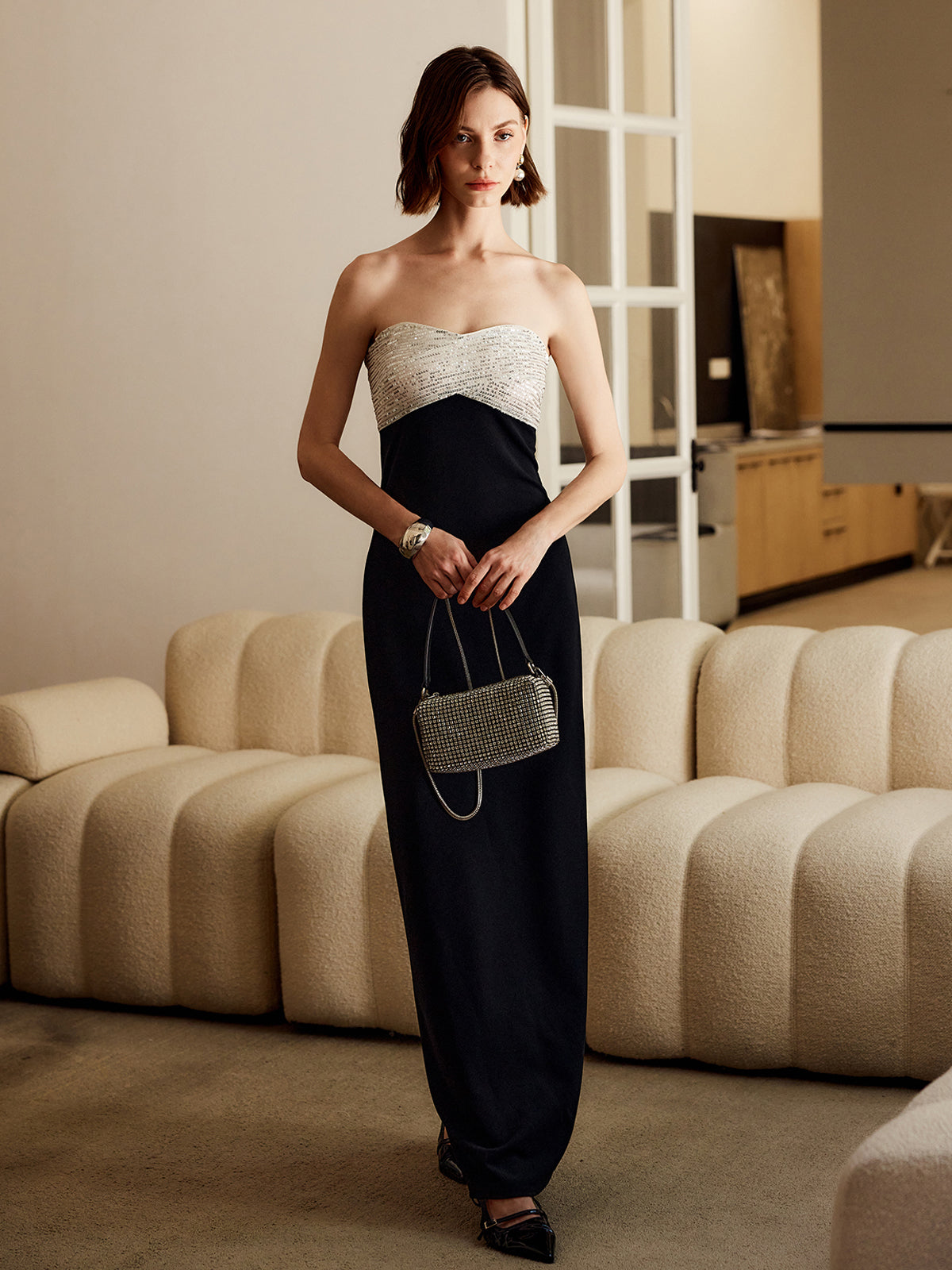 Callistari Sequins Color Block Tube Long Dress-CALLISTARI