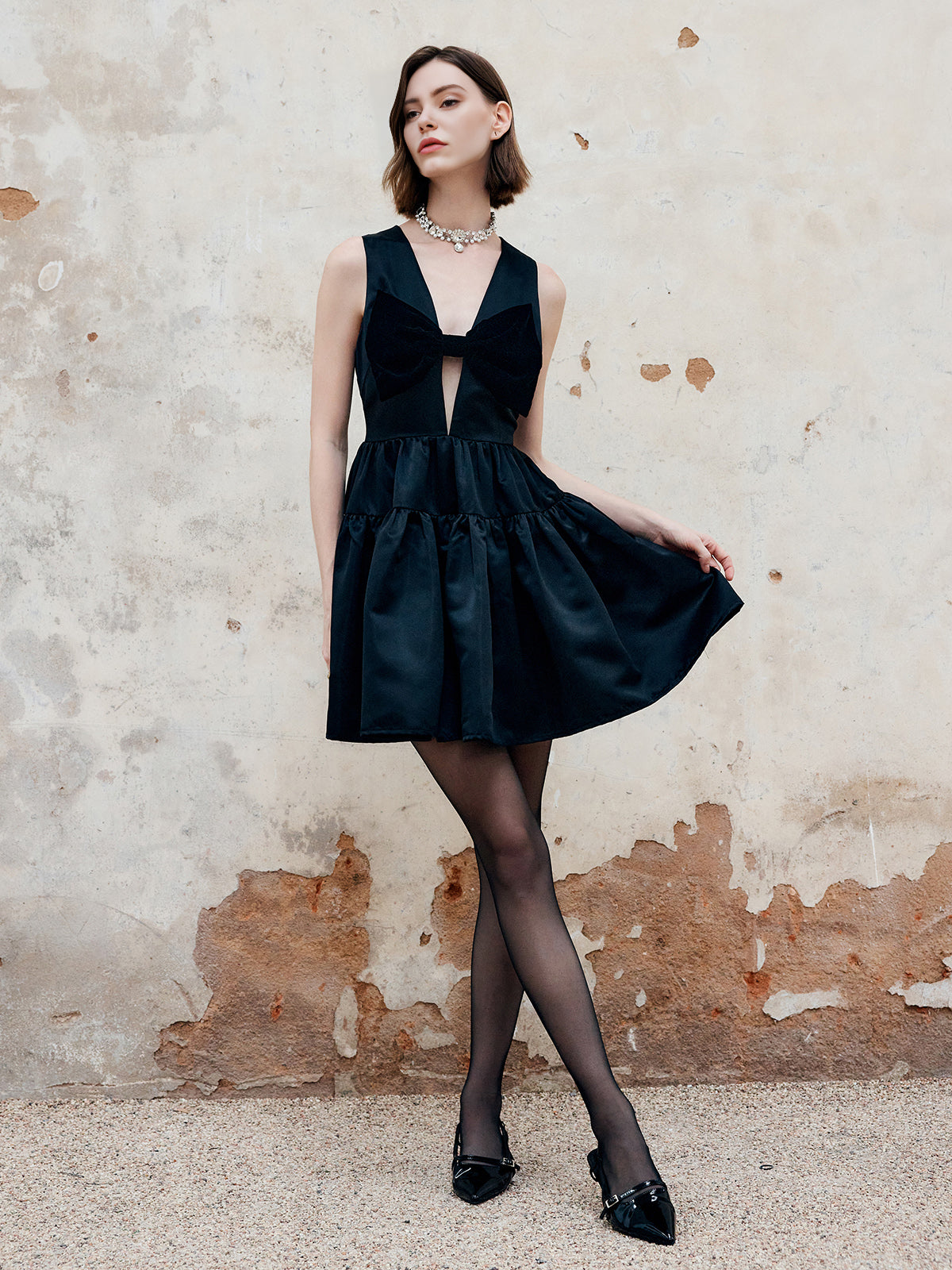 Callistari Pleated Bow Satin Dress With Pocket-CALLISTARI