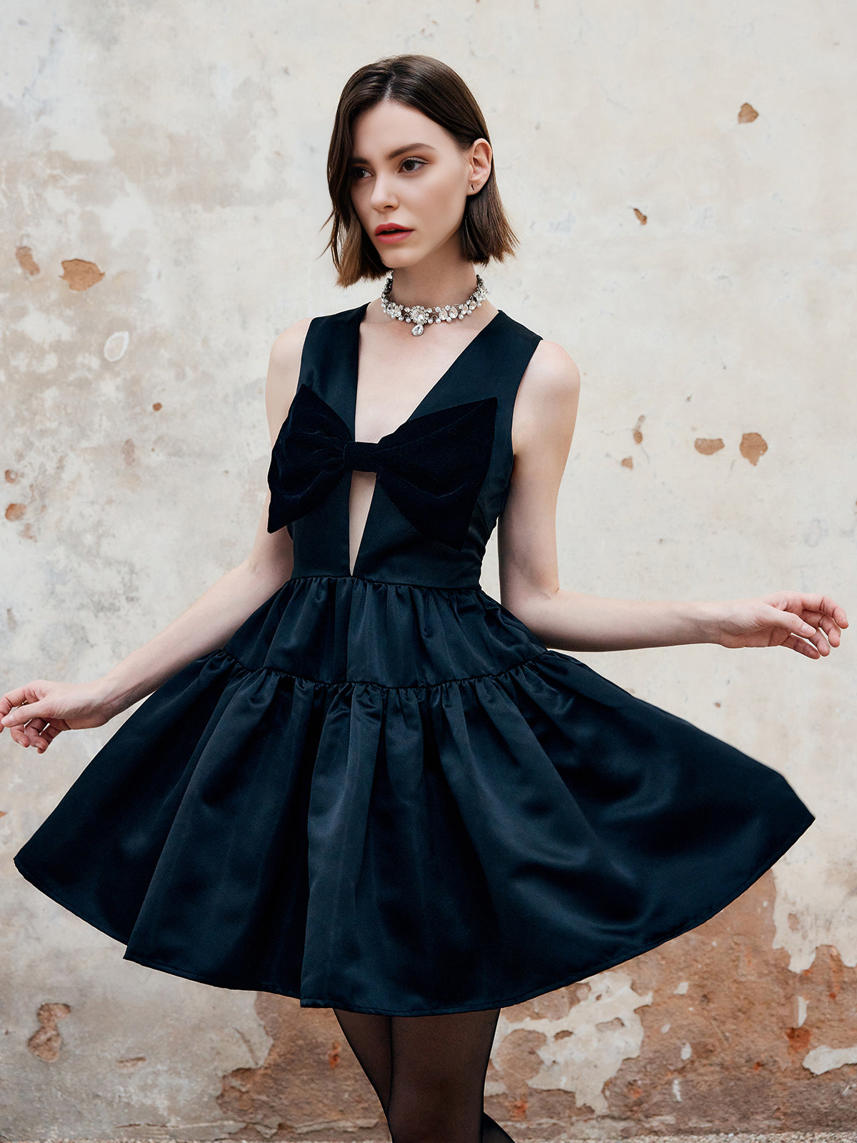 Callistari Pleated Bow Satin Dress With Pocket-CALLISTARI