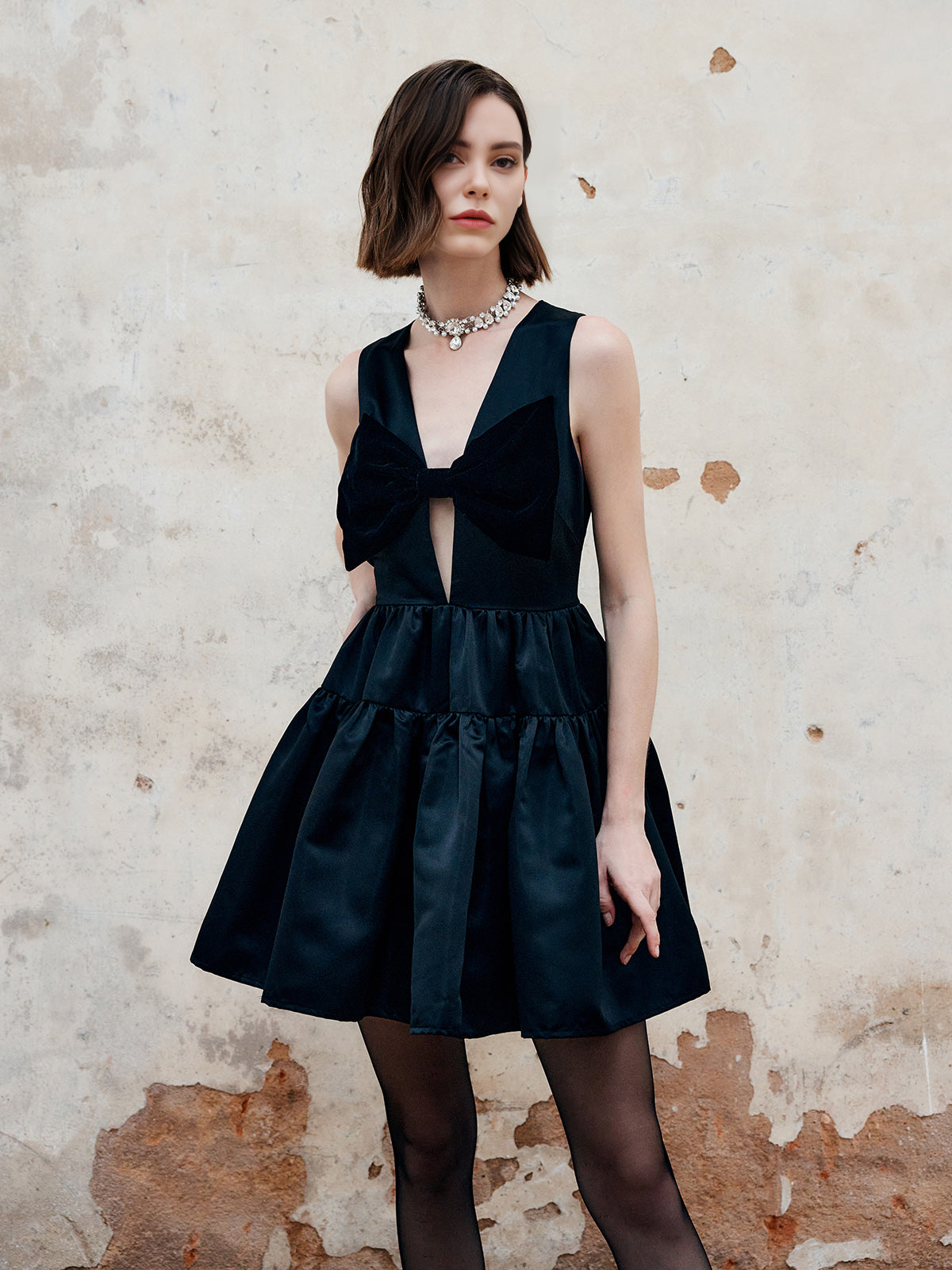 Callistari Pleated Bow Satin Dress With Pocket-CALLISTARI