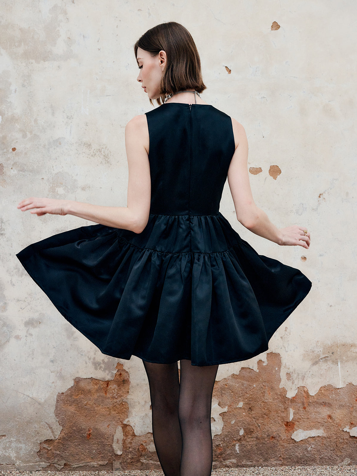 Callistari Pleated Bow Satin Dress With Pocket-CALLISTARI