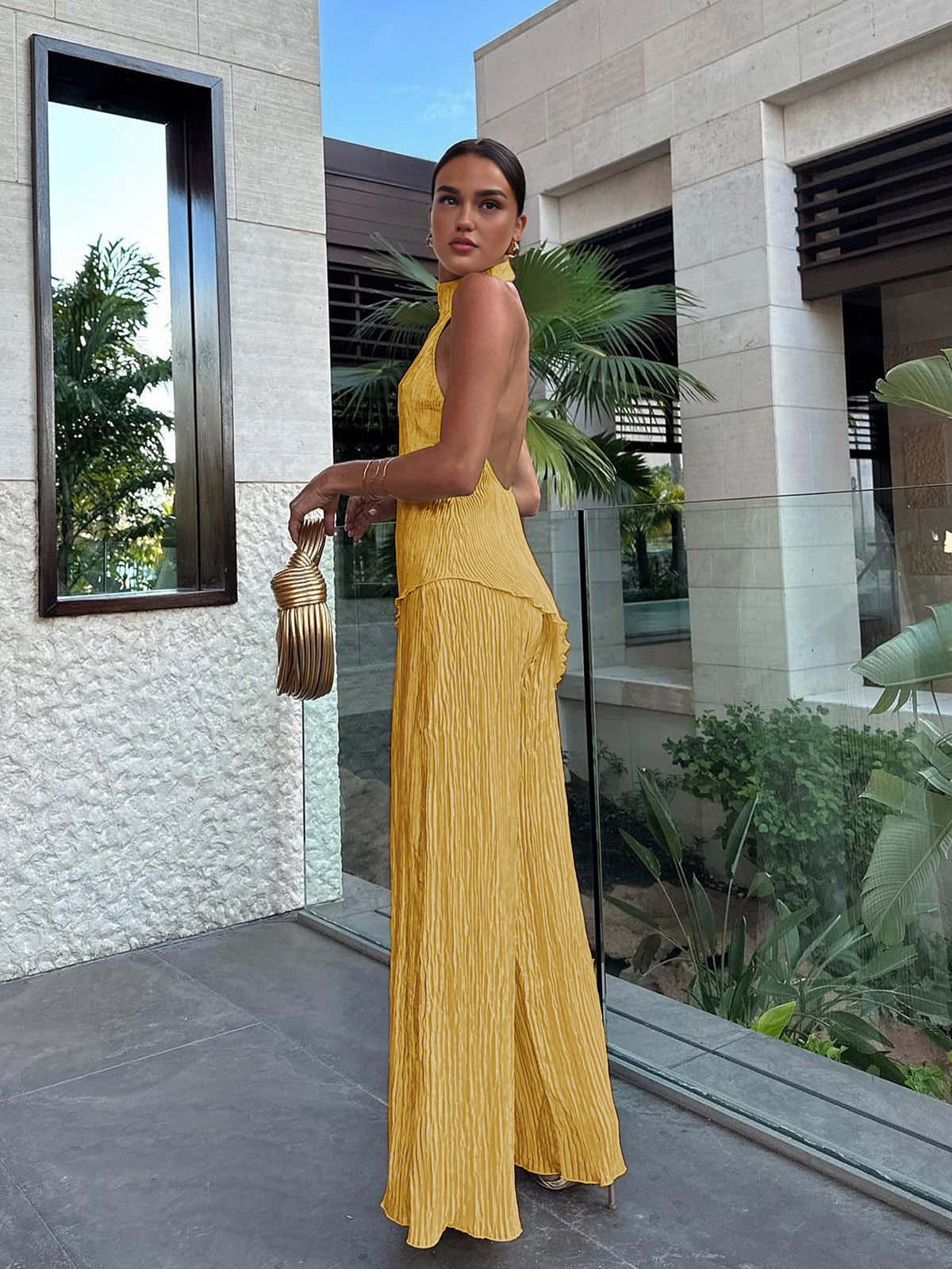 Asymmetric Halter Crop Top With Wide Leg Pants Set-Mesadic