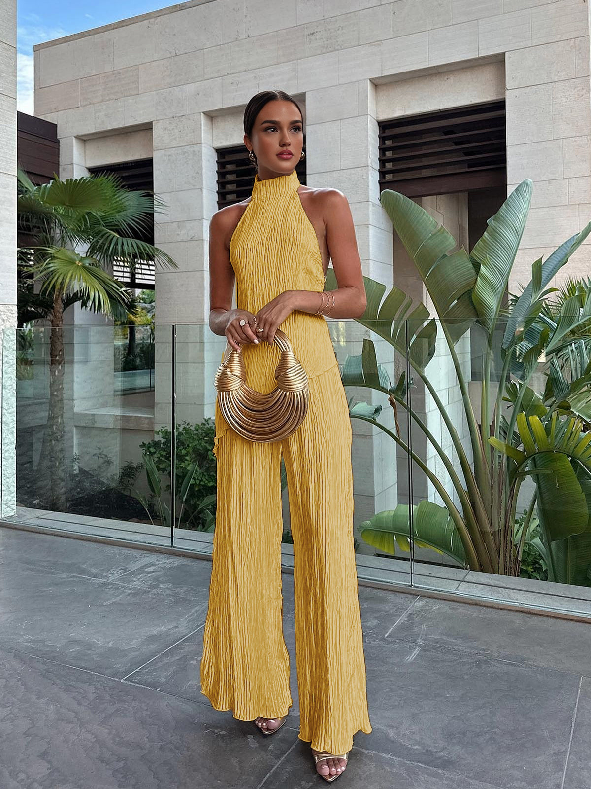 Asymmetric Halter Crop Top With Wide Leg Pants Set-Mesadic