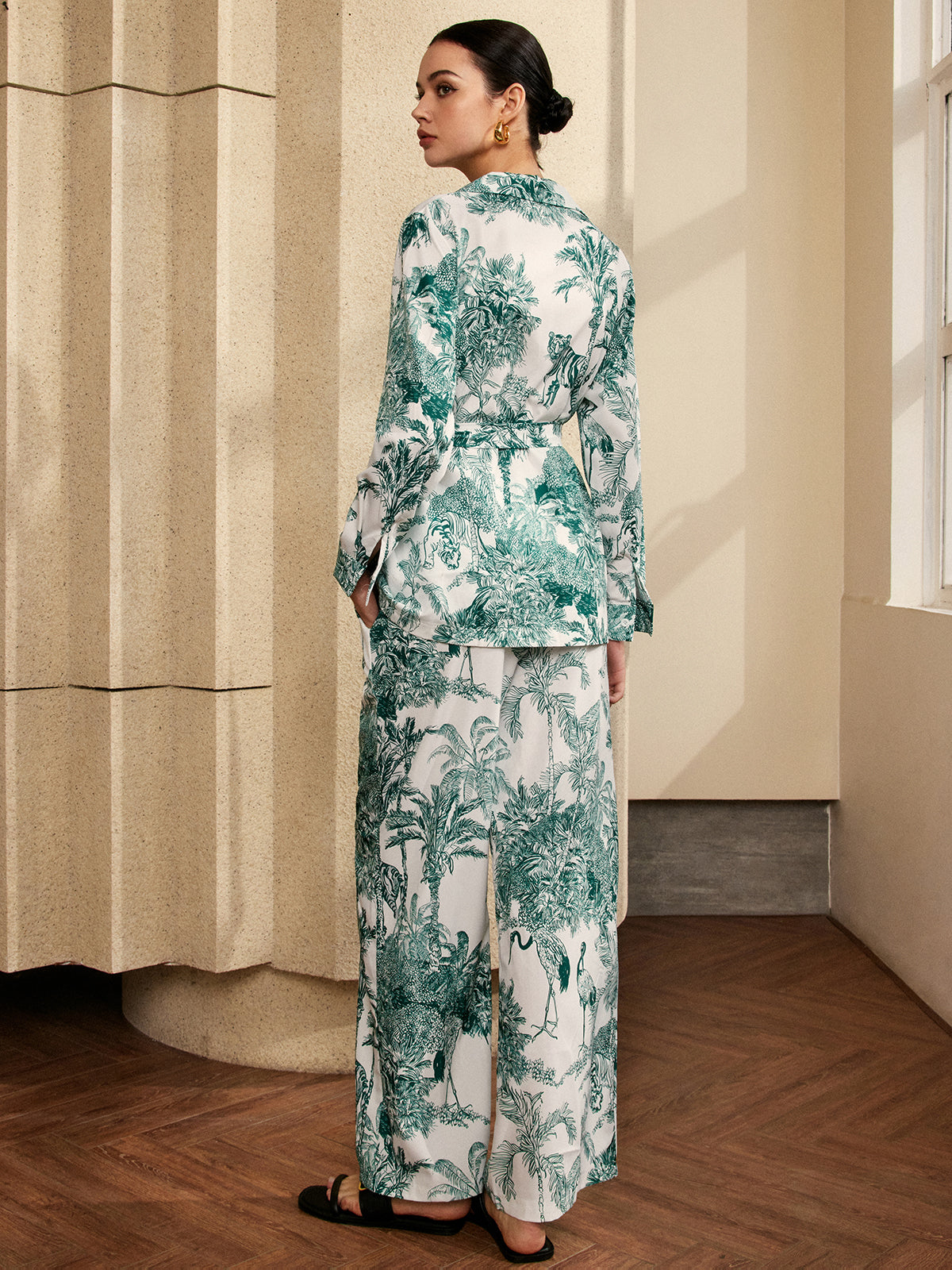 Printed V-Neck Pants Set-CALLISTARI