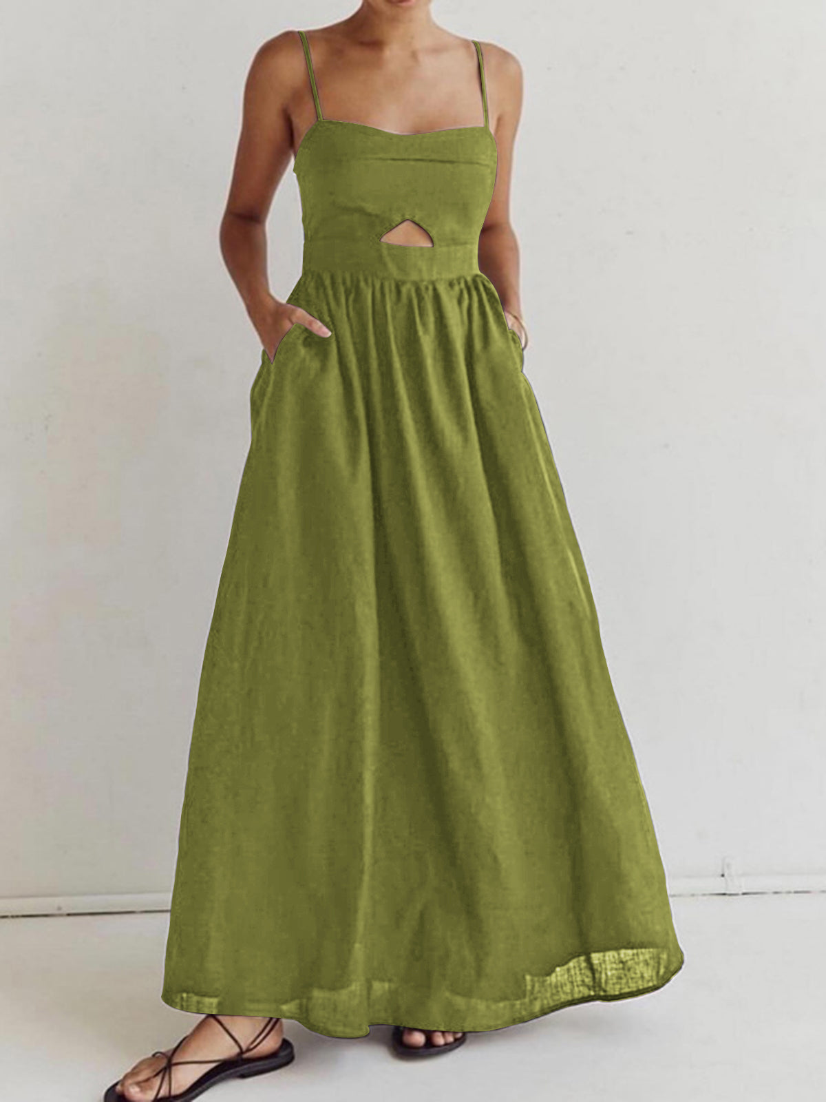 Trafni Cotton Sleeveless Pockets Cutout Long Dress-Mesadic