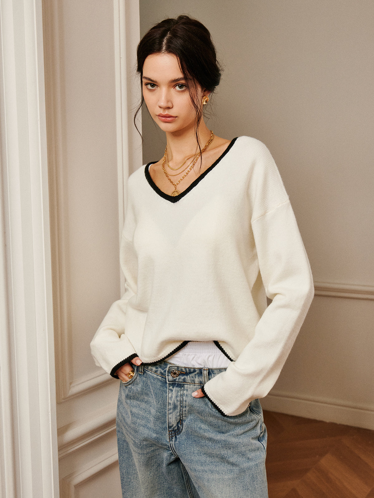 Callistari Embroidered Trim Draped Shoulder Knit Top-CALLISTARI