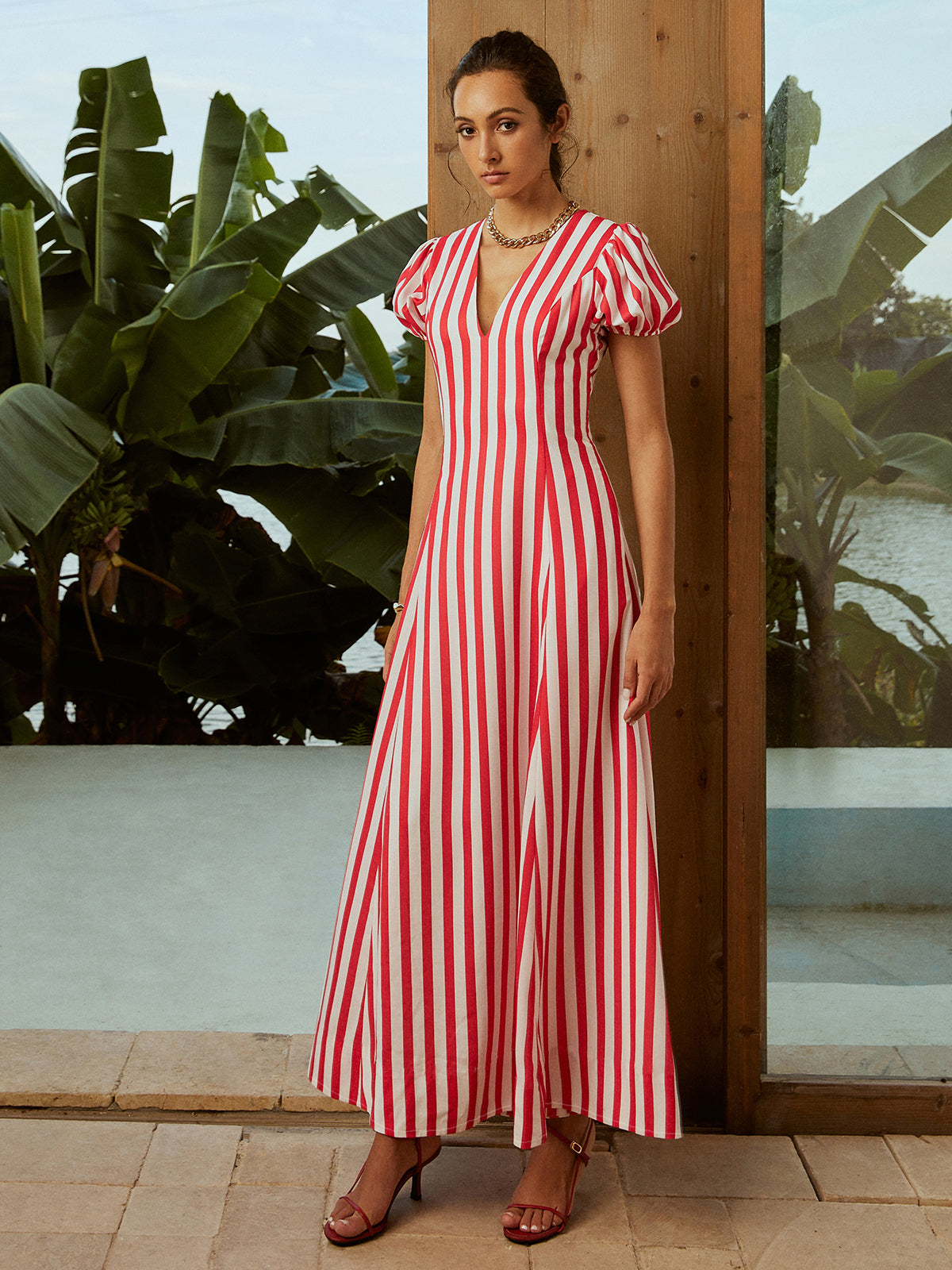 Callistari Striped V-Neck Puff Sleeves Pockets Long Dress-CALLISTARI