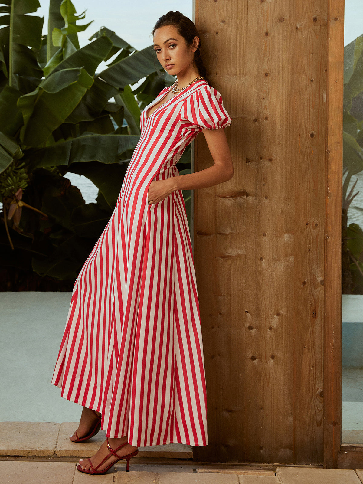Callistari Striped V-Neck Puff Sleeves Pockets Long Dress-CALLISTARI