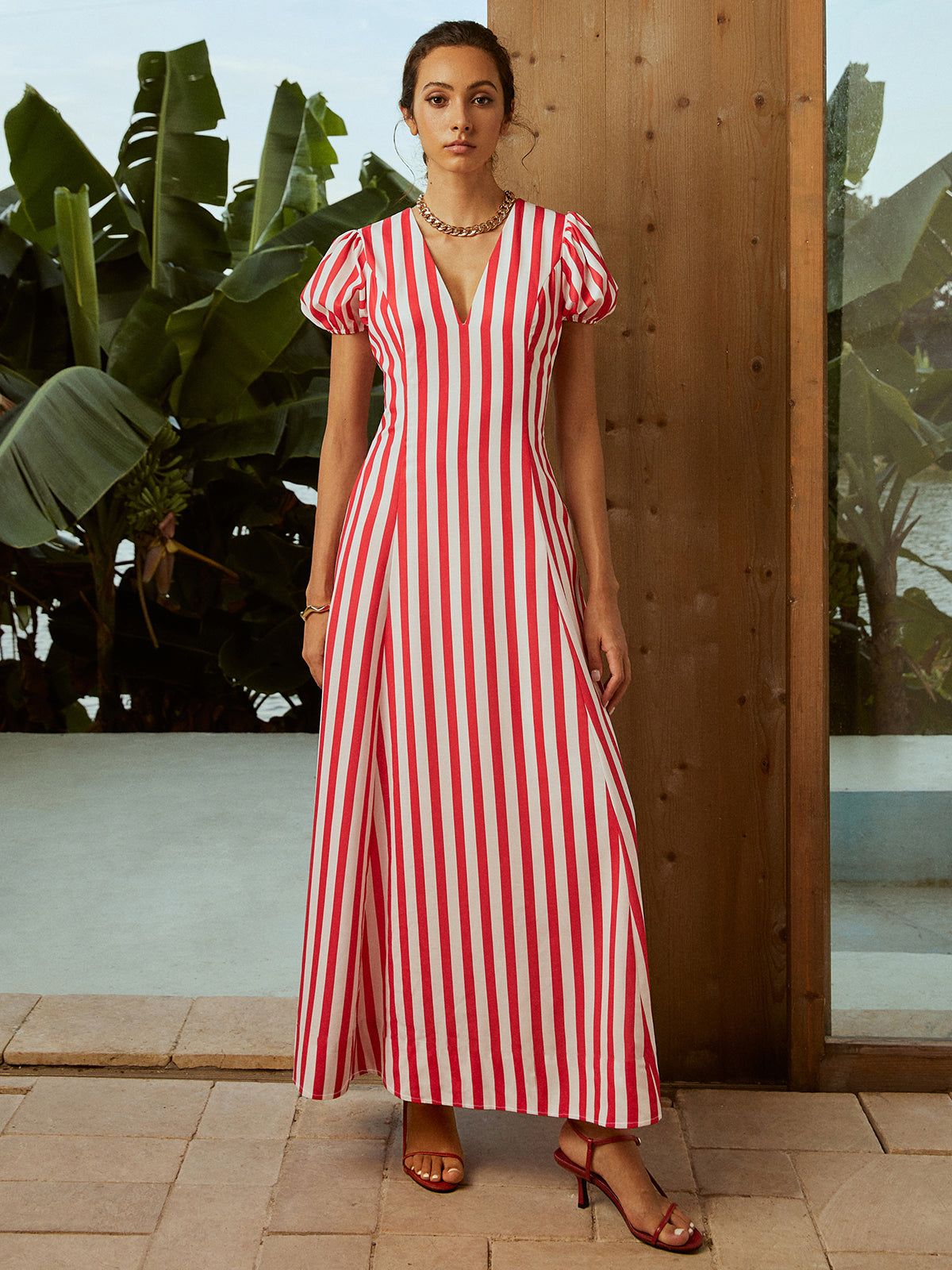 Callistari Striped V-Neck Puff Sleeves Pockets Long Dress-CALLISTARI