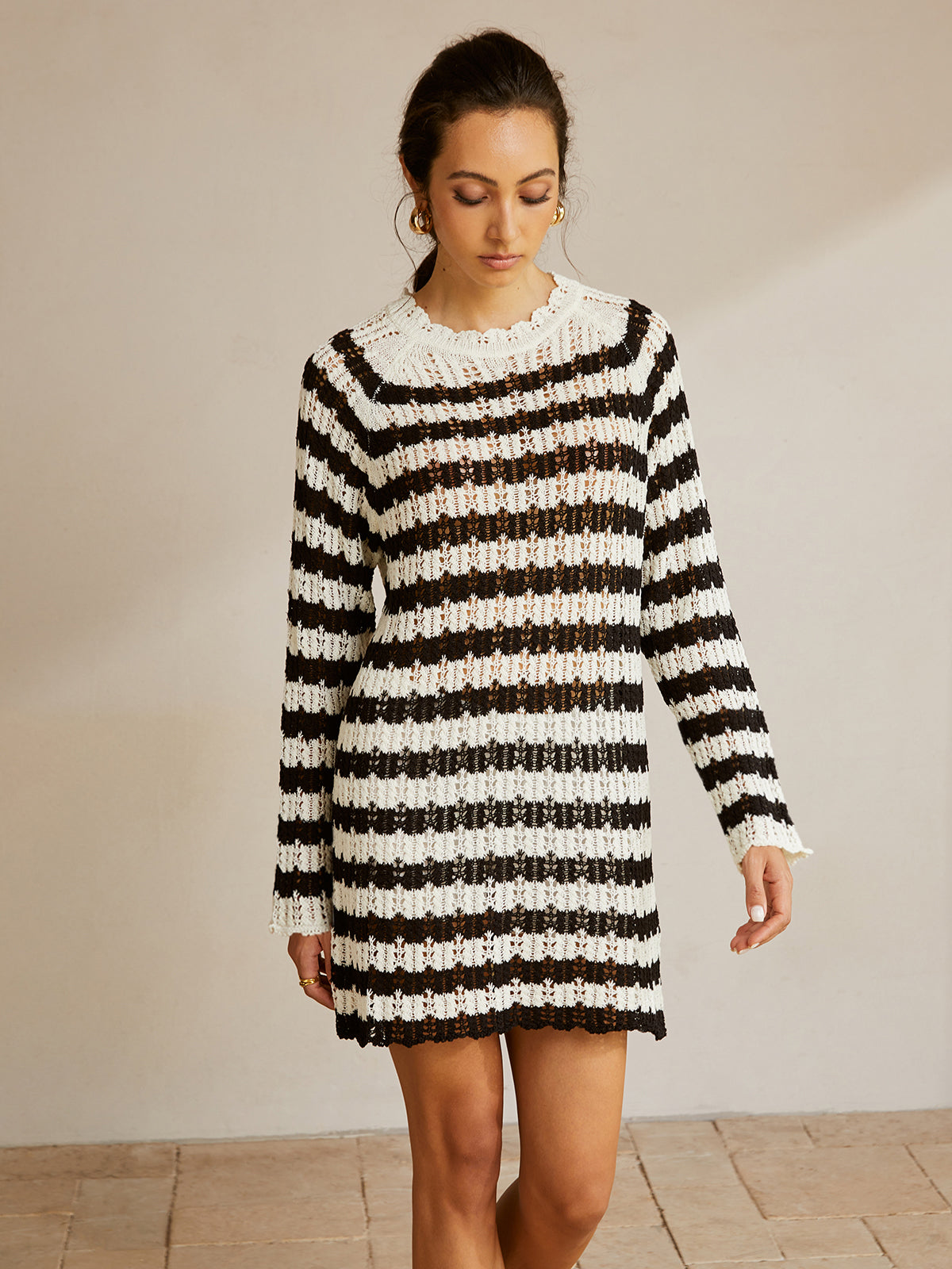Callistari Striped Lettuce Trim Hollow Sweater-CALLISTARI
